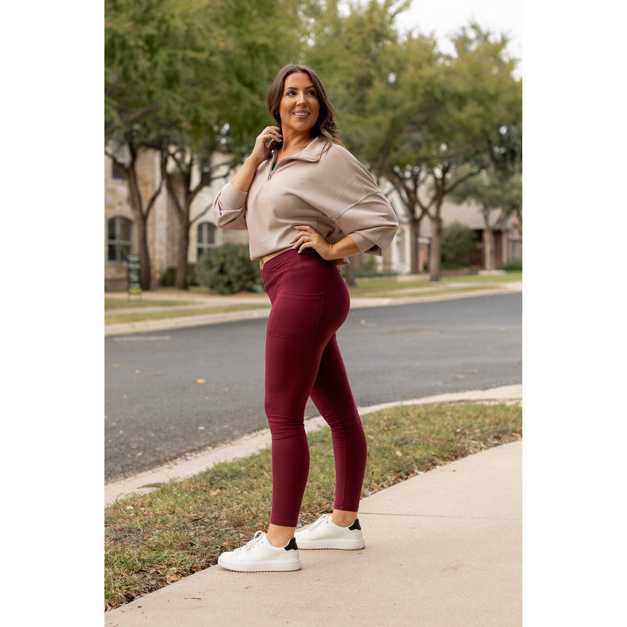 Molly - MAROON Crossover Full Length Leggings with Pockets