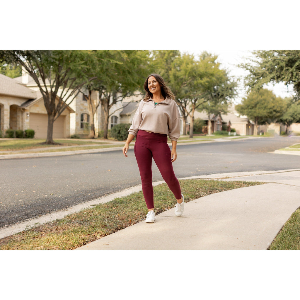 Molly - MAROON Crossover Full Length Leggings with Pockets