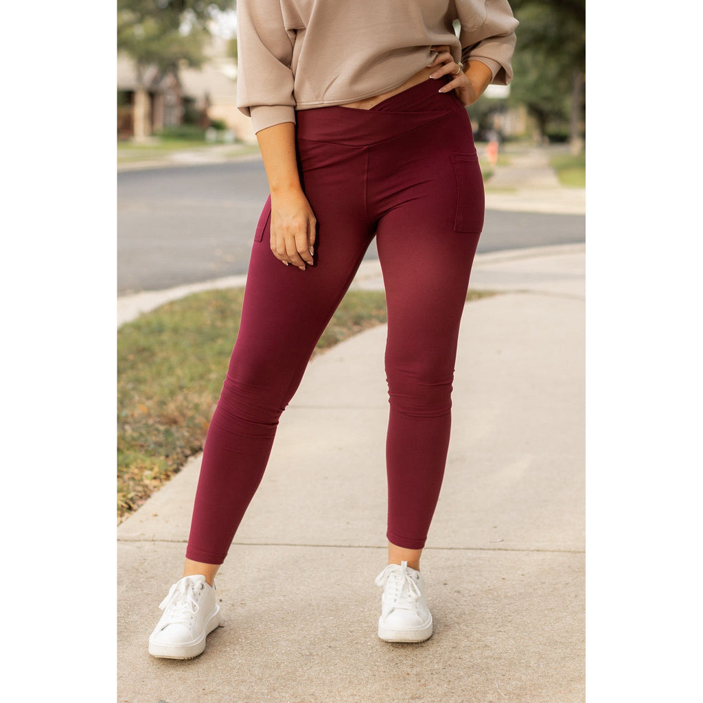 Molly - MAROON Crossover Full Length Leggings with Pockets