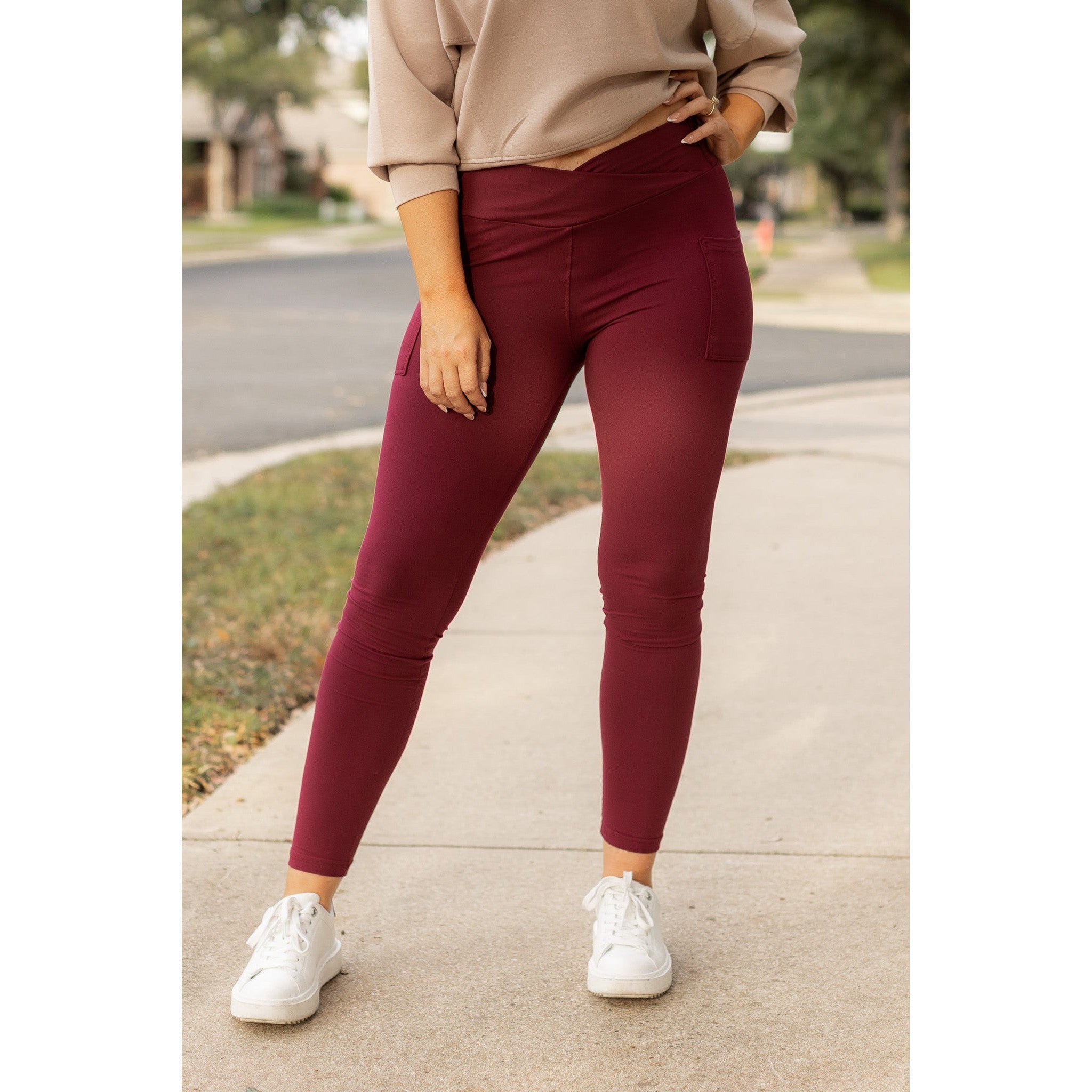 Molly - MAROON Crossover Full Length Leggings with Pockets