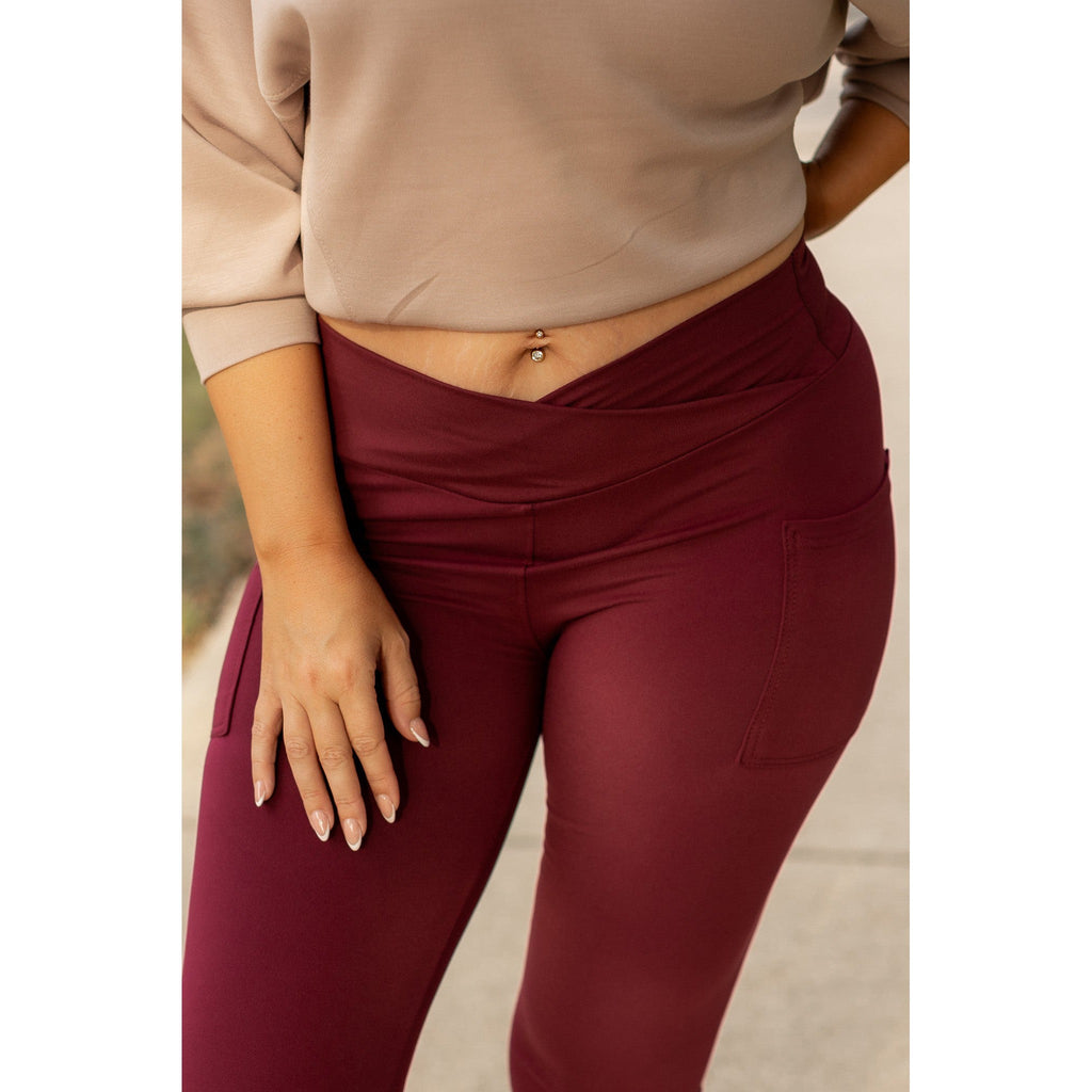 Molly - MAROON Crossover Full Length Leggings with Pockets