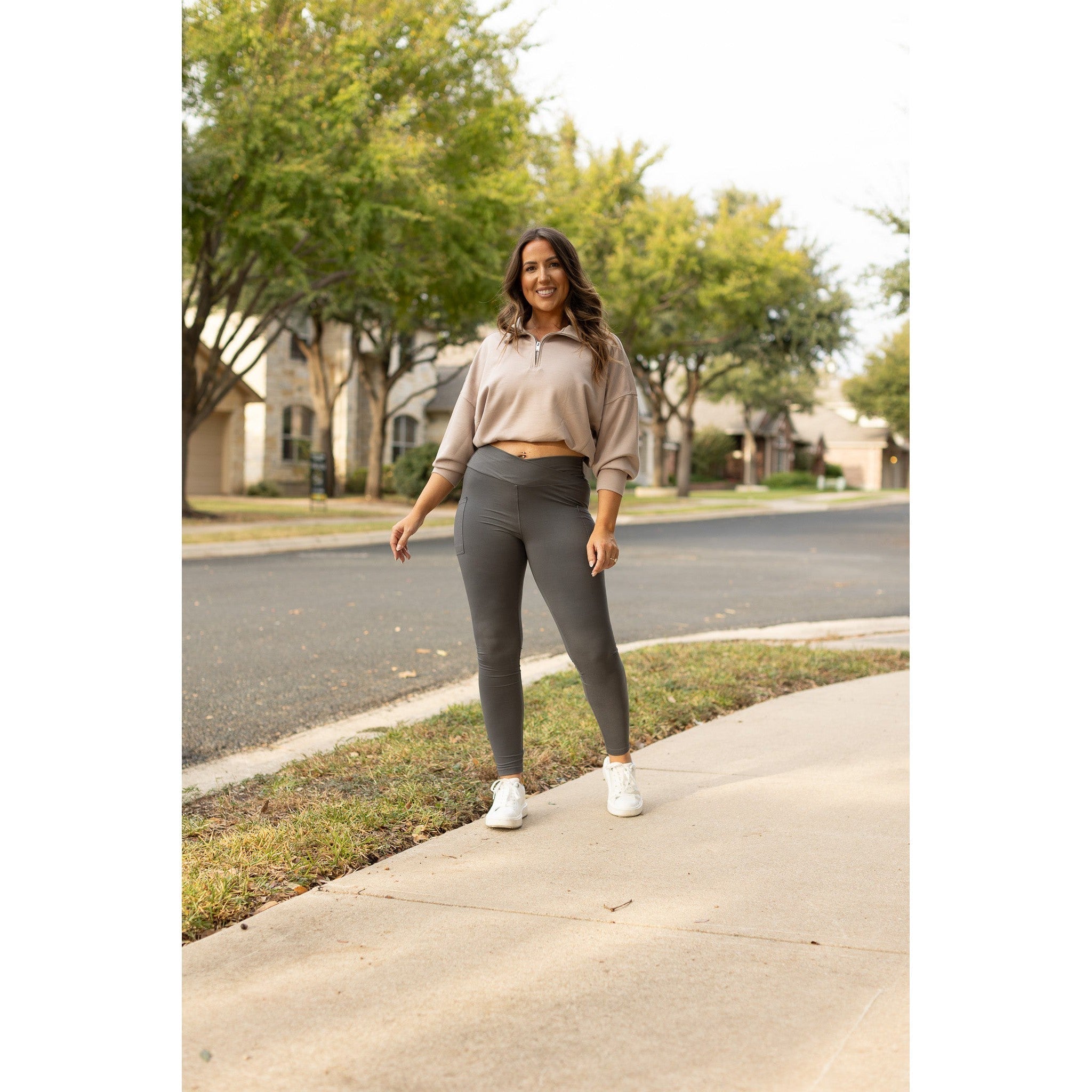 Caitlin - CHARCOAL Crossover Full Length Leggings with Pockets