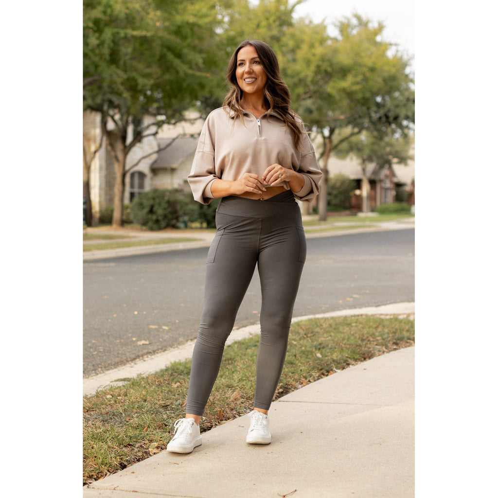 Caitlin - CHARCOAL Crossover Full Length Leggings with Pockets
