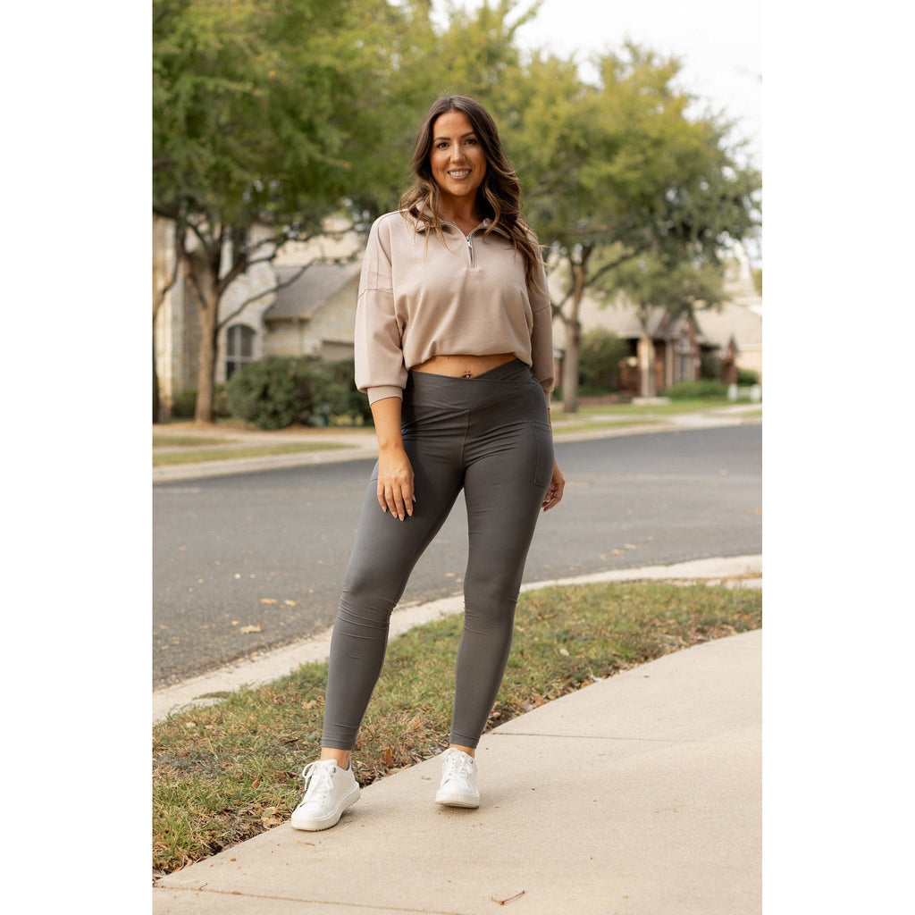 Caitlin - CHARCOAL Crossover Full Length Leggings with Pockets