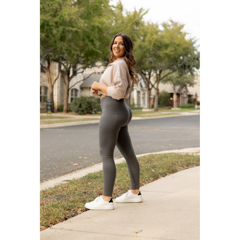 Caitlin - CHARCOAL Crossover Full Length Leggings with Pockets