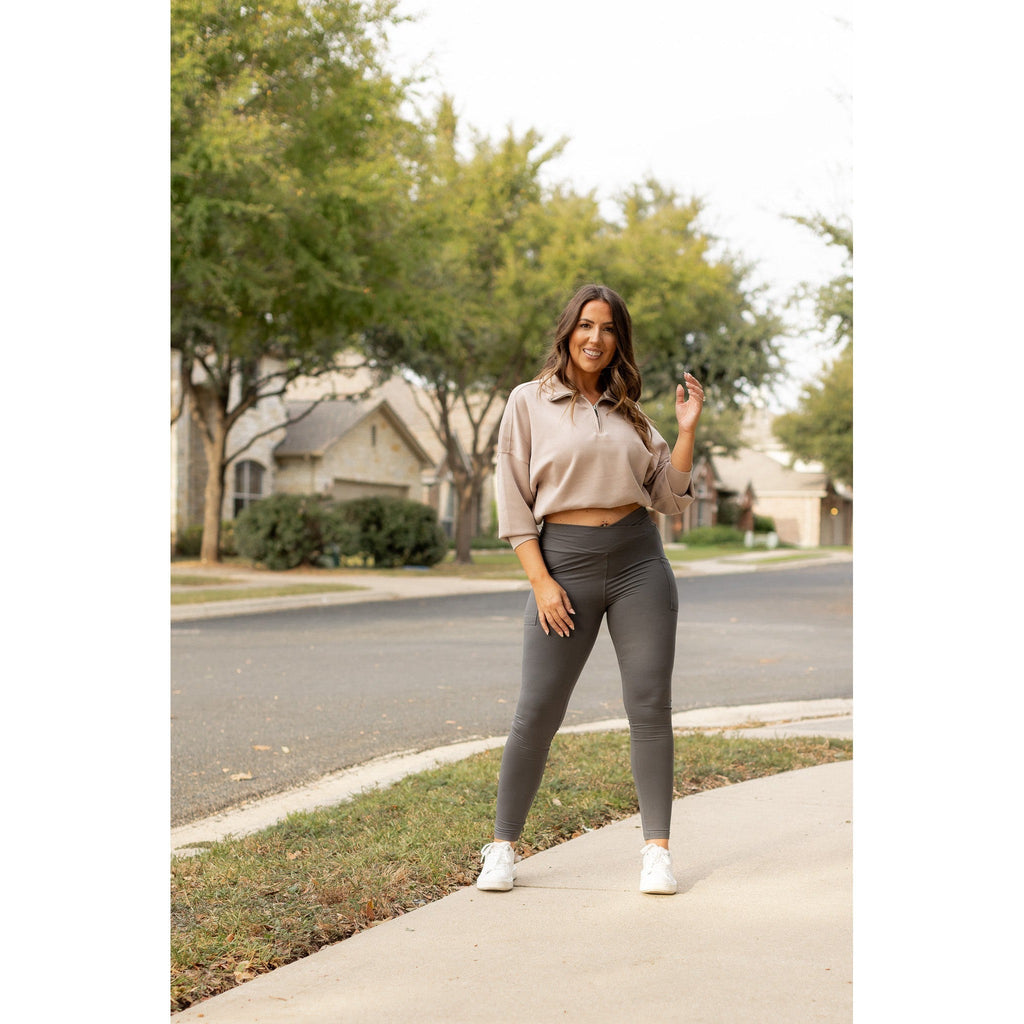 Caitlin - CHARCOAL Crossover Full Length Leggings with Pockets