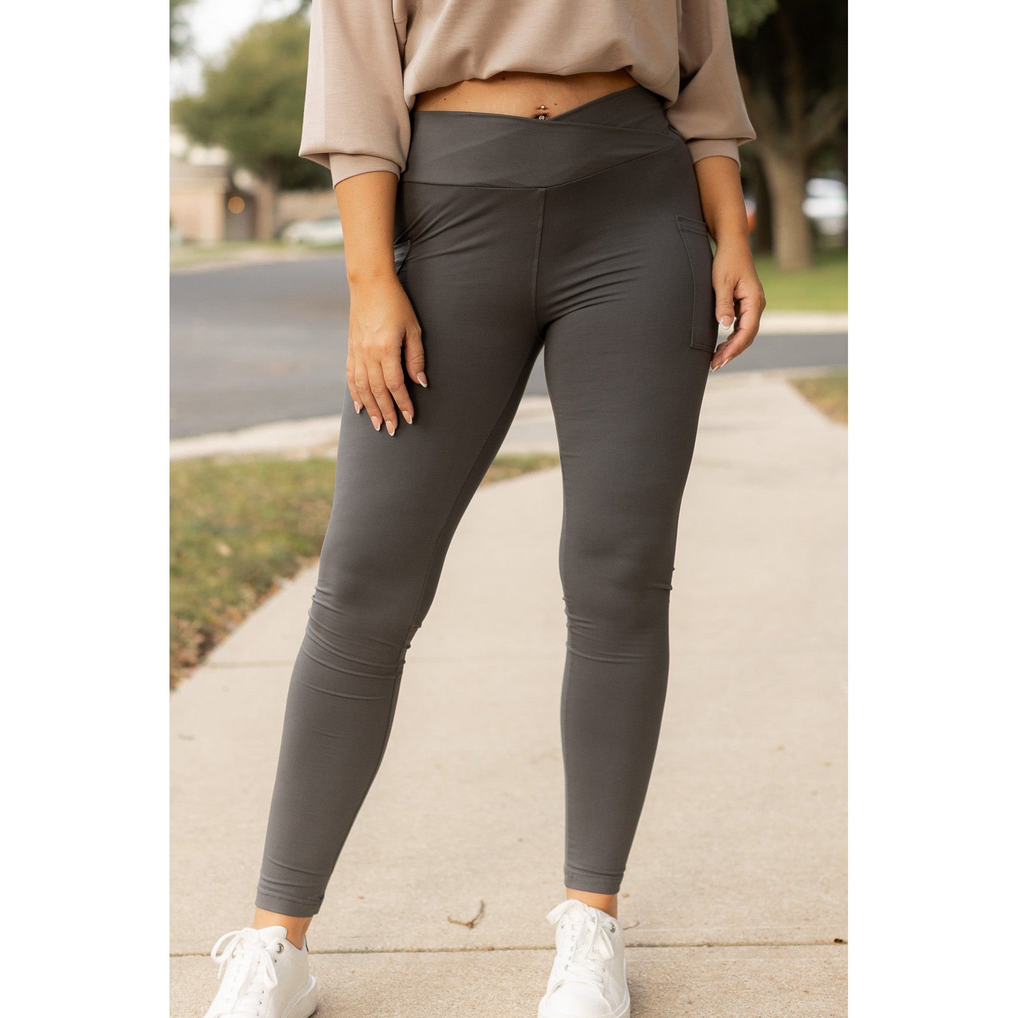 Caitlin - CHARCOAL Crossover Full Length Leggings with Pockets