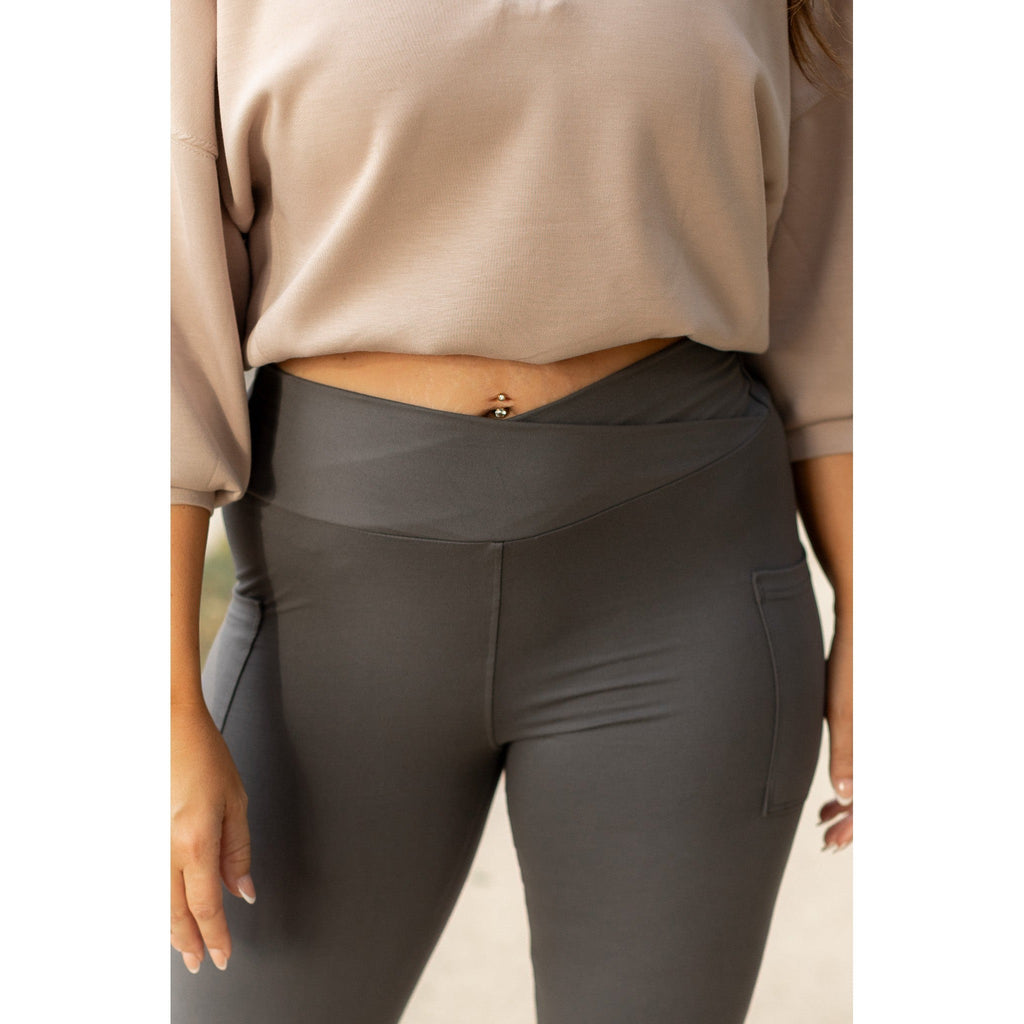Caitlin - CHARCOAL Crossover Full Length Leggings with Pockets