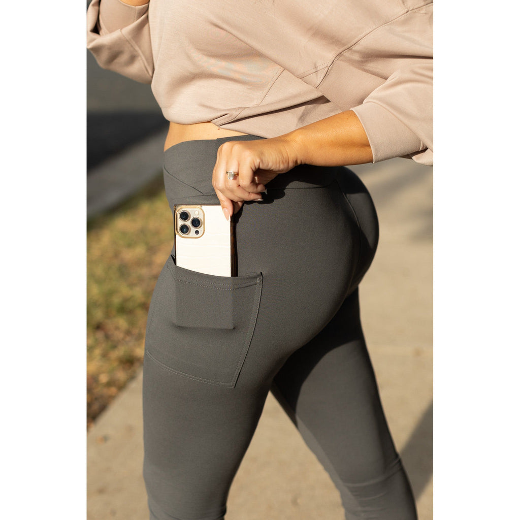 Caitlin - CHARCOAL Crossover Full Length Leggings with Pockets