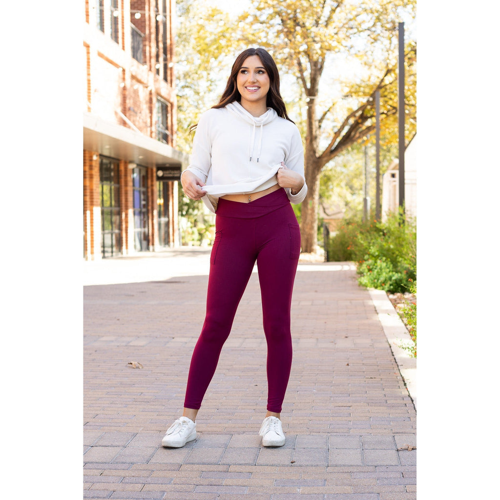Molly - MAROON Crossover Full Length Leggings with Pockets