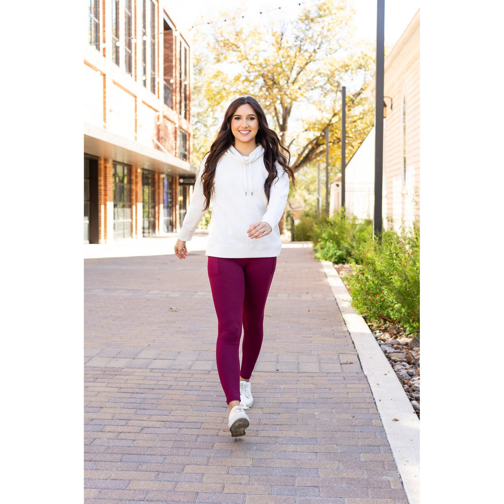Molly - MAROON Crossover Full Length Leggings with Pockets