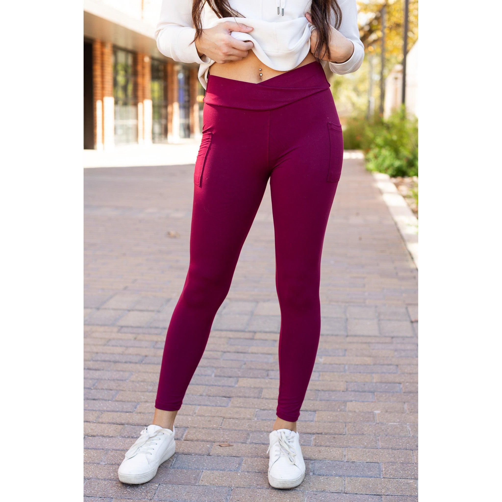 Molly - MAROON Crossover Full Length Leggings with Pockets