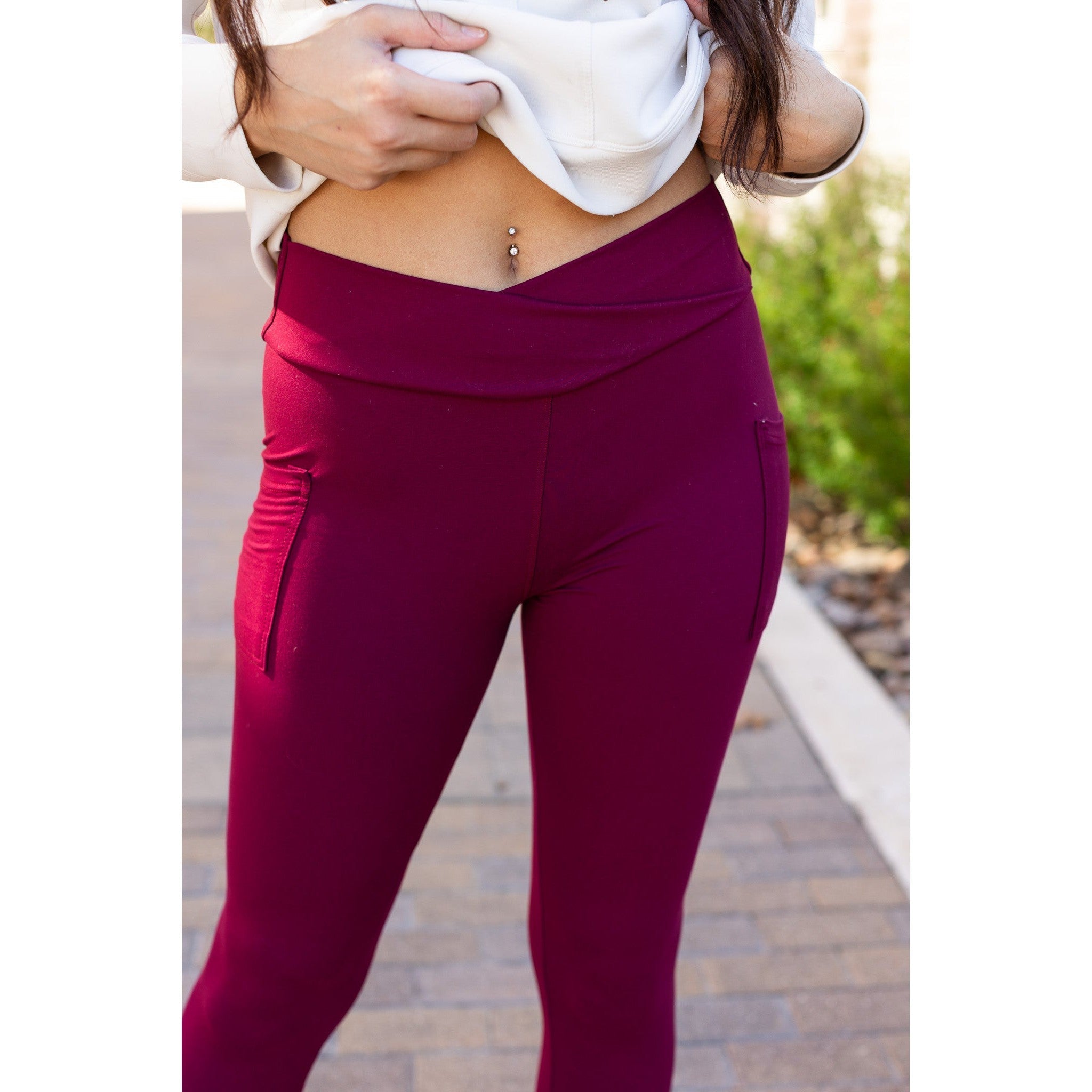 Molly - MAROON Crossover Full Length Leggings with Pockets