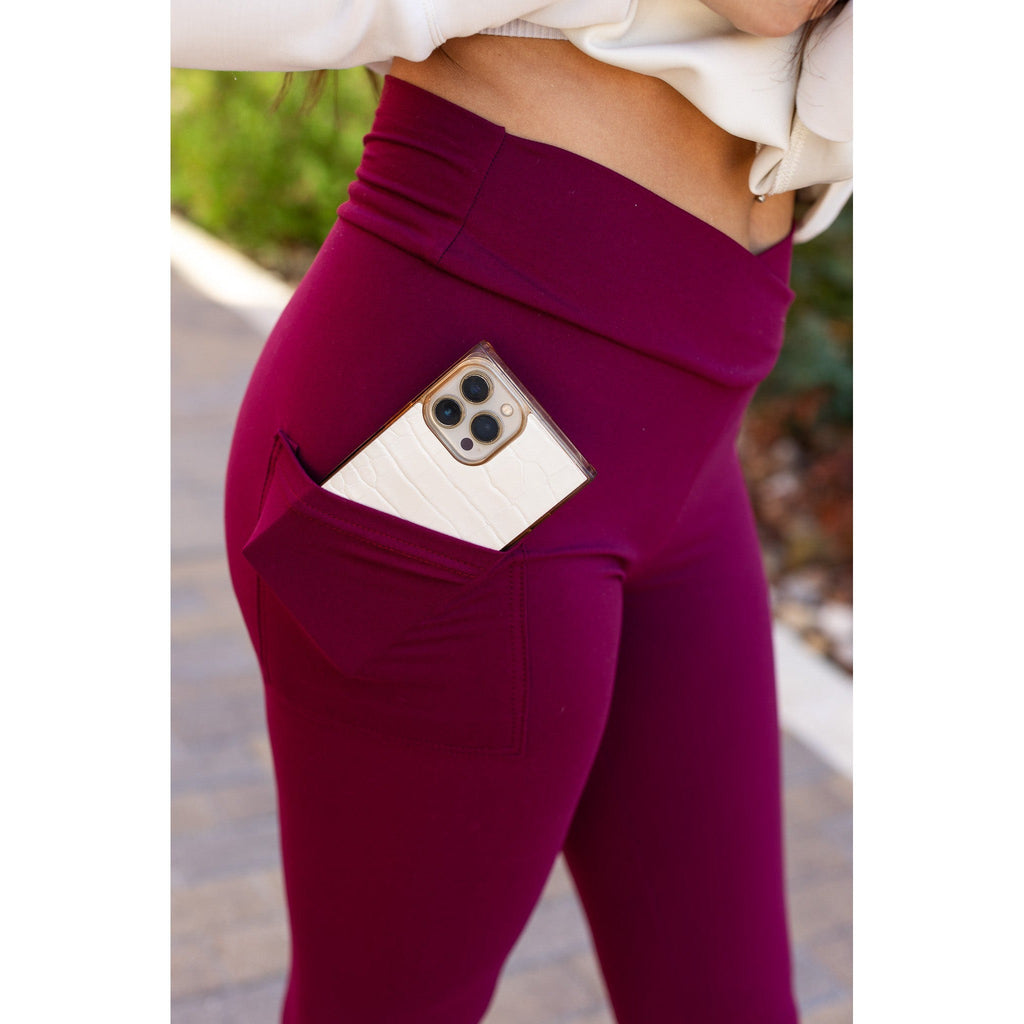 Molly - MAROON Crossover Full Length Leggings with Pockets