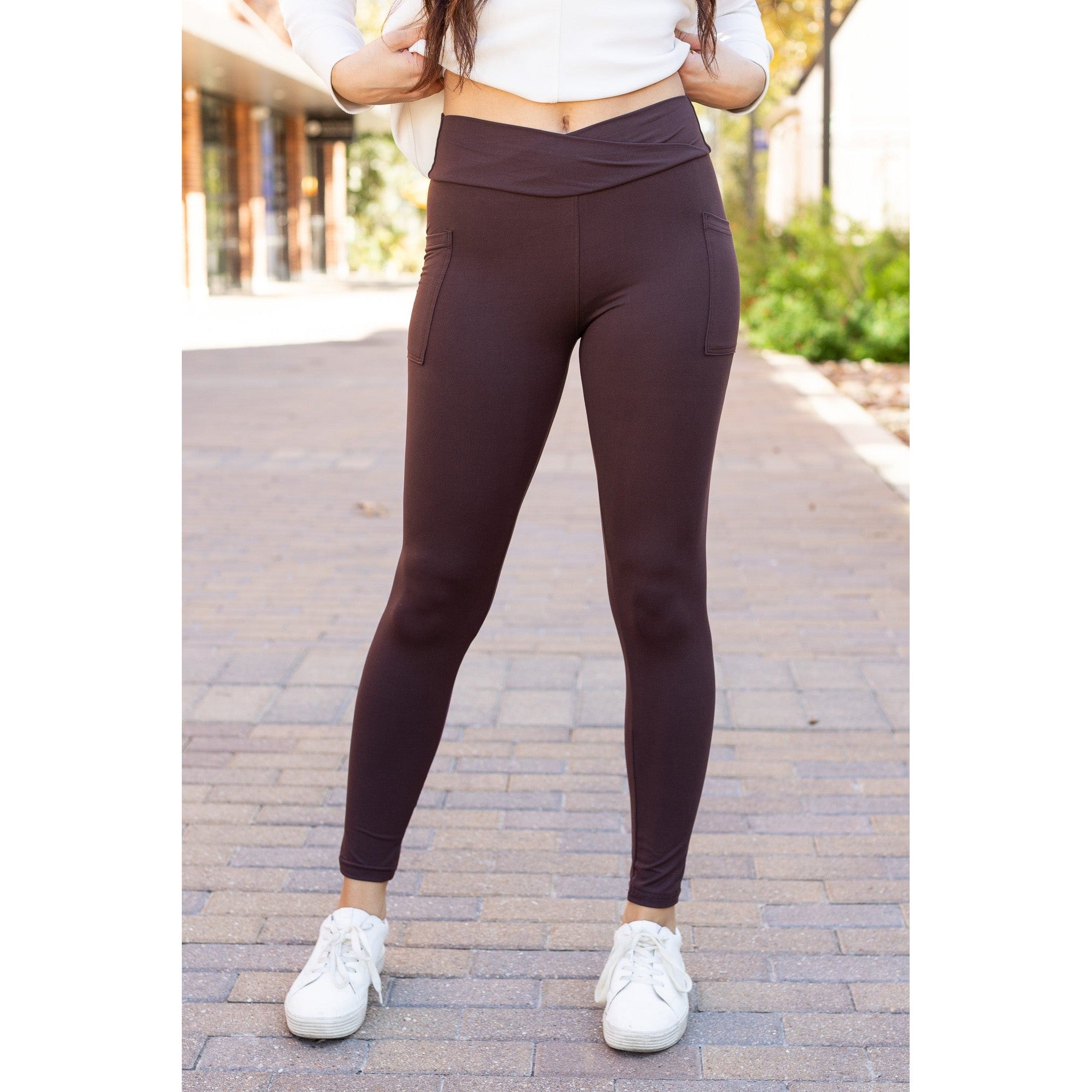 Becca - BROWN Crossover Full Length Leggings with Pockets