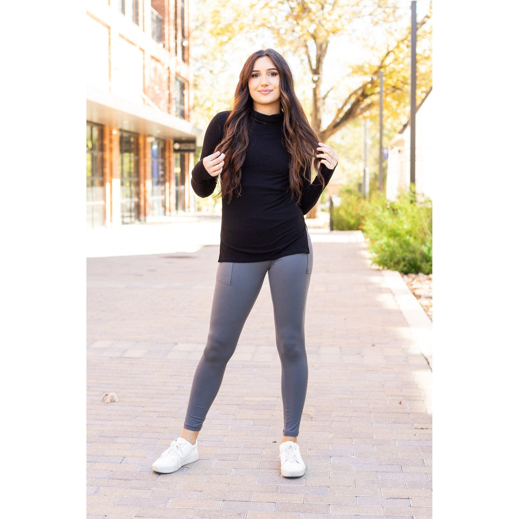 Caitlin - CHARCOAL Crossover Full Length Leggings with Pockets