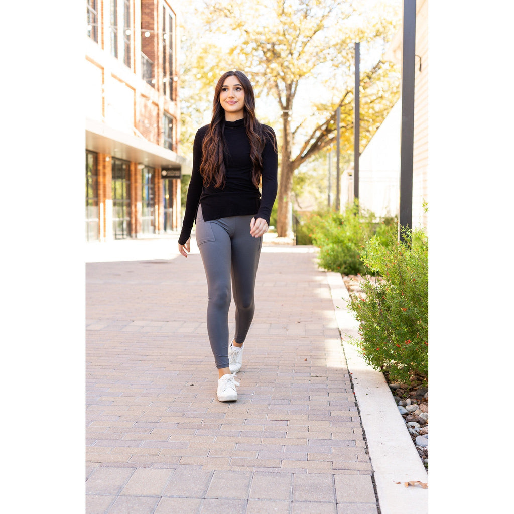 Caitlin - CHARCOAL Crossover Full Length Leggings with Pockets
