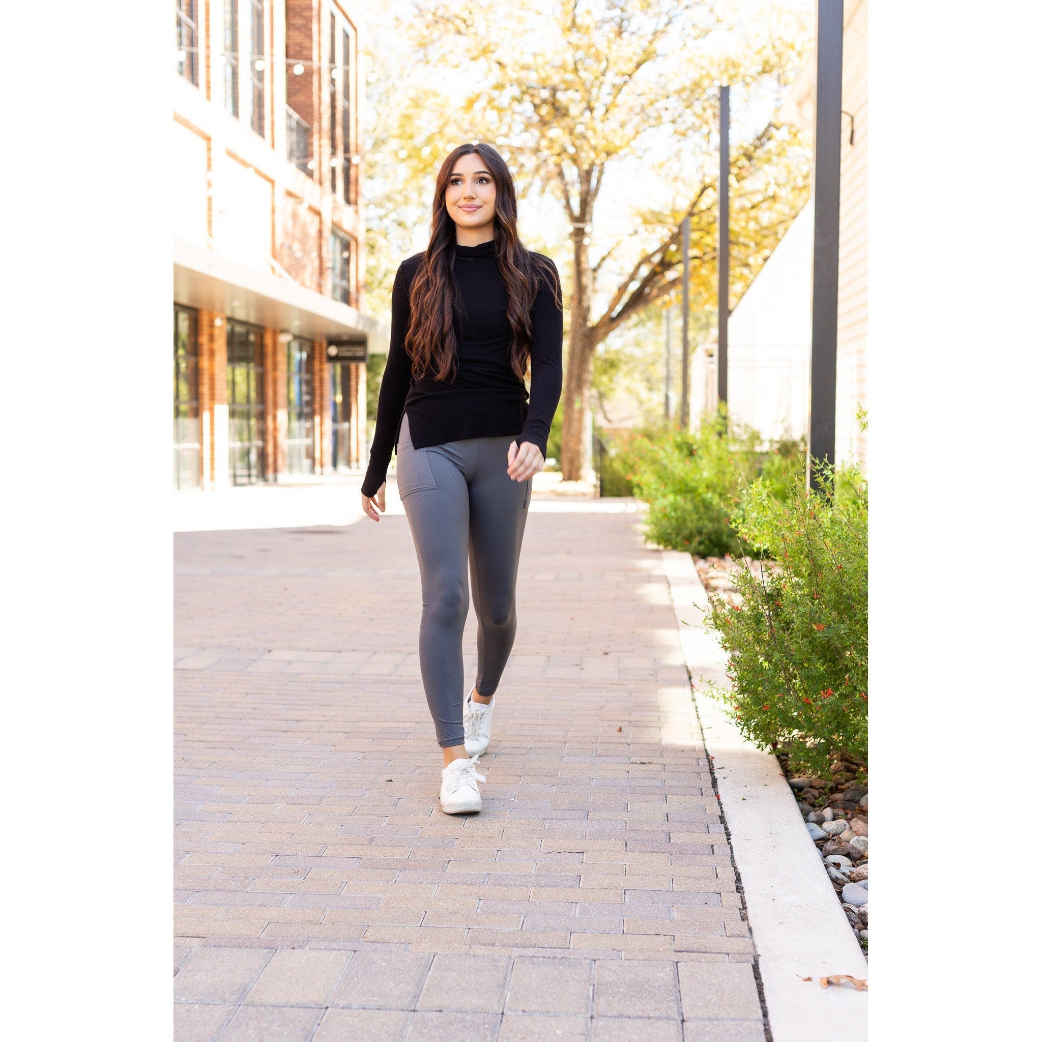 Caitlin - CHARCOAL Crossover Full Length Leggings with Pockets