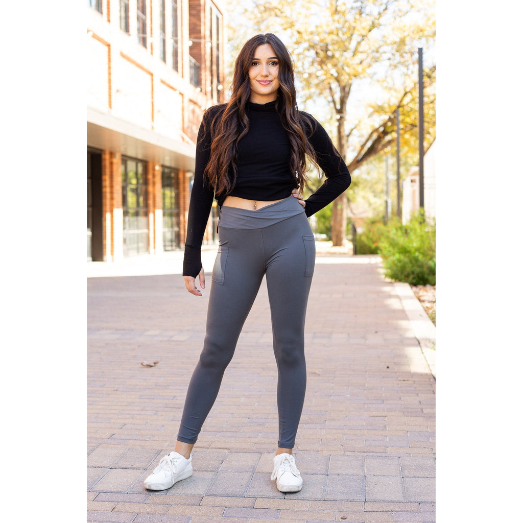 Caitlin - CHARCOAL Crossover Full Length Leggings with Pockets
