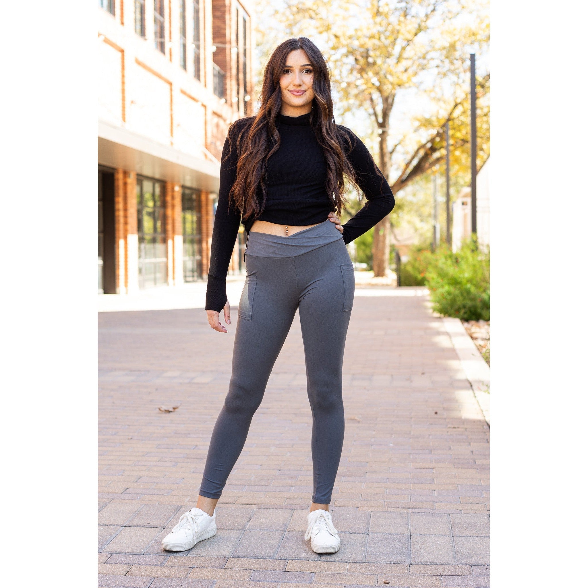 Caitlin - CHARCOAL Crossover Full Length Leggings with Pockets