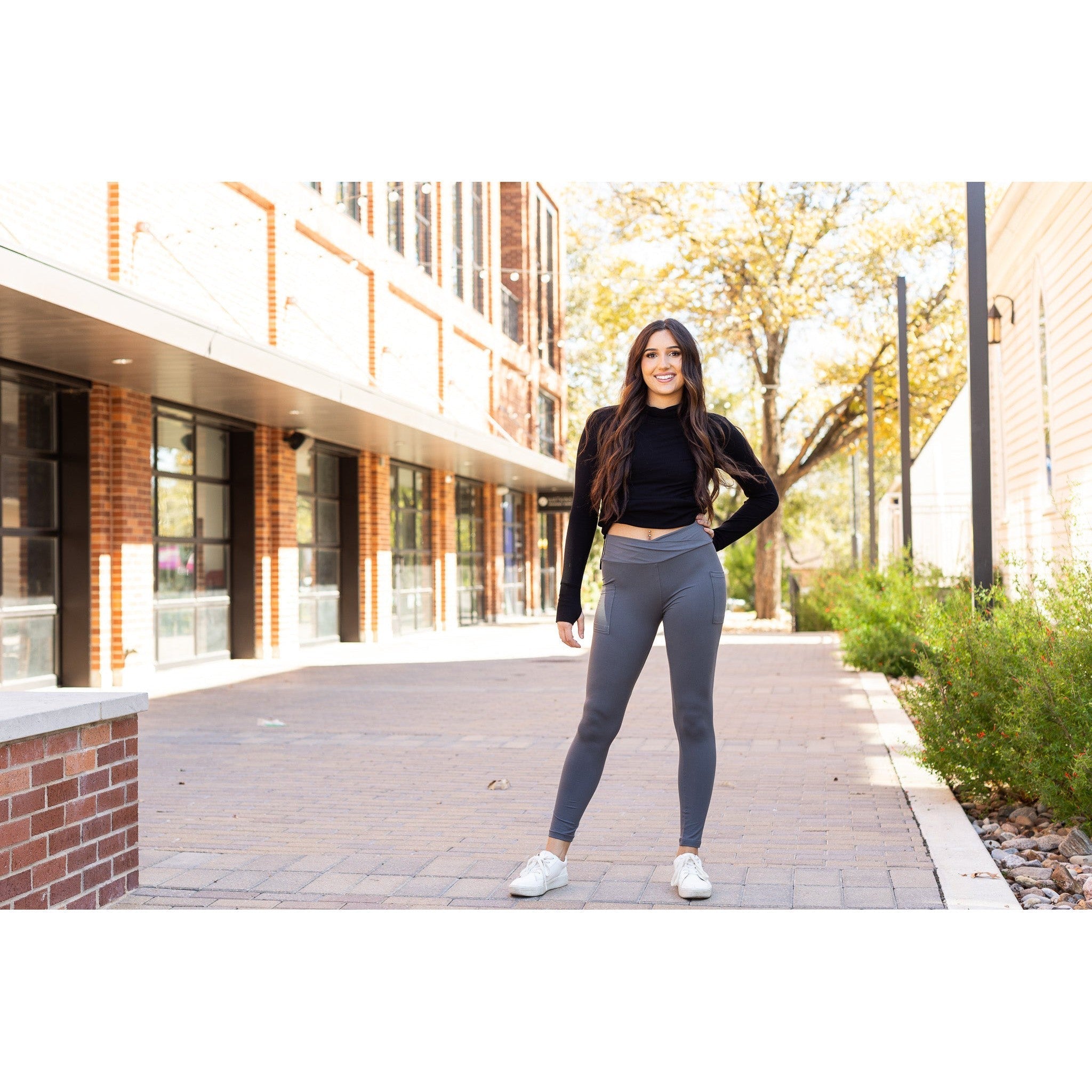Caitlin - CHARCOAL Crossover Full Length Leggings with Pockets