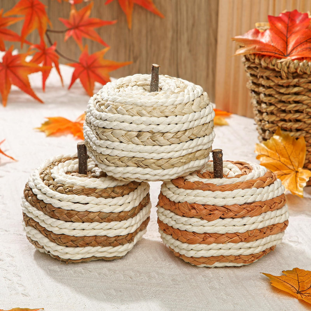 Hollyone Fall Pumpkin Decor 3 PCS Faux Rattan Pumpkins Small Orange Brown