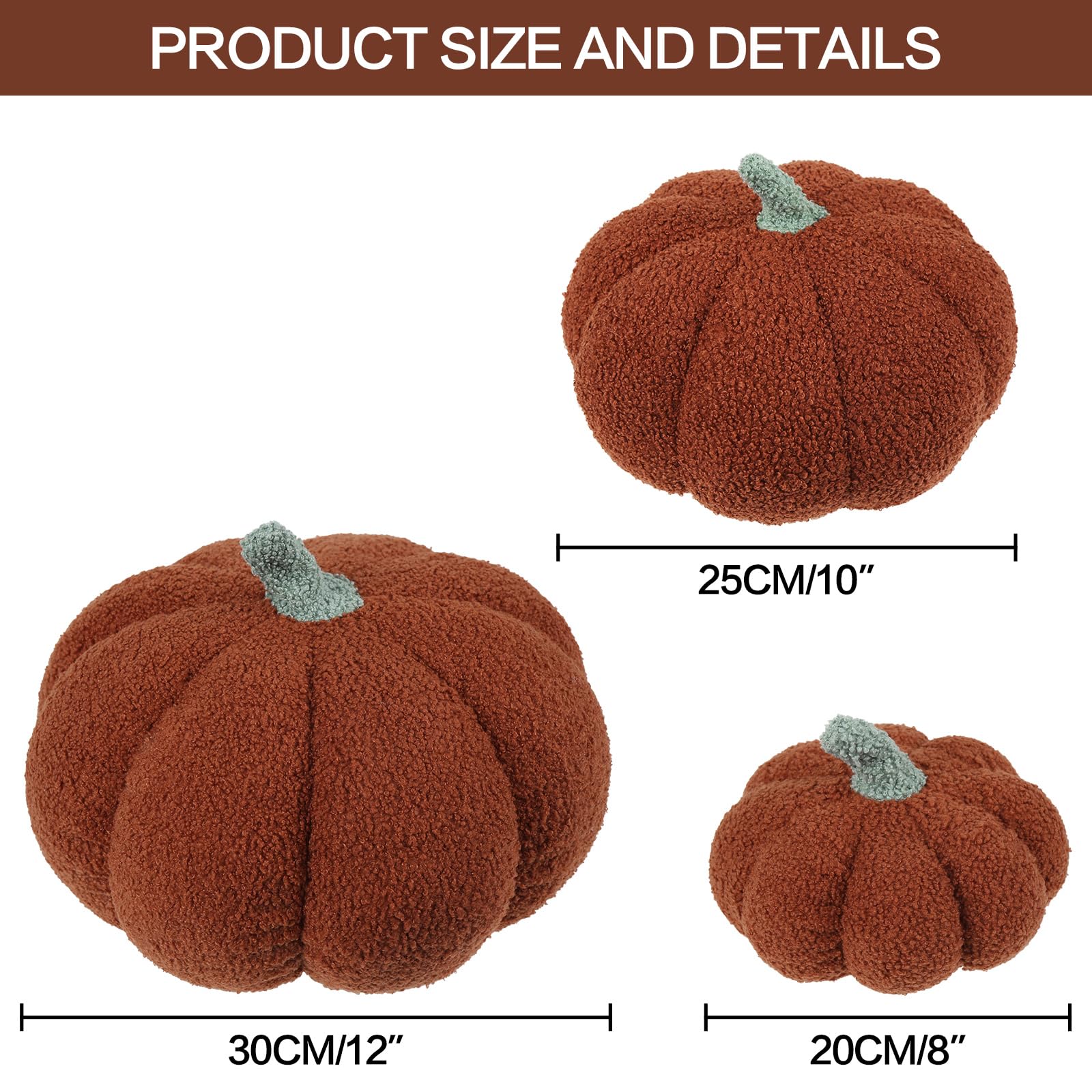 RoseCraft Pumpkin Throw Pillows 3Pc Brown 12/10/8in Fall Thanksgiving