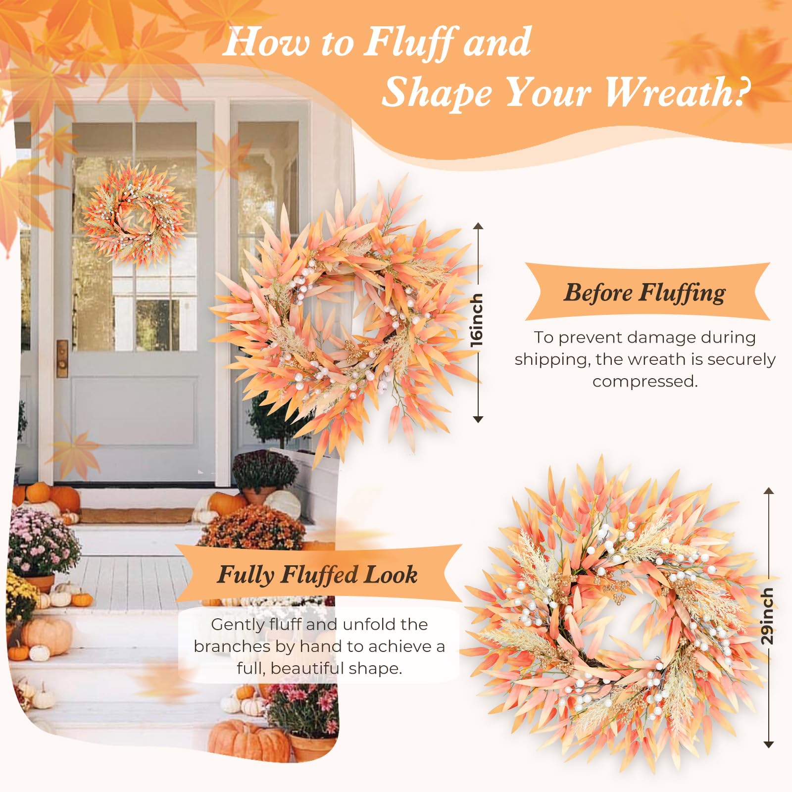 OEOPIUR Fall Wreath Front Door Decor Large Orange Autumn Leaves Indoor Outdoor