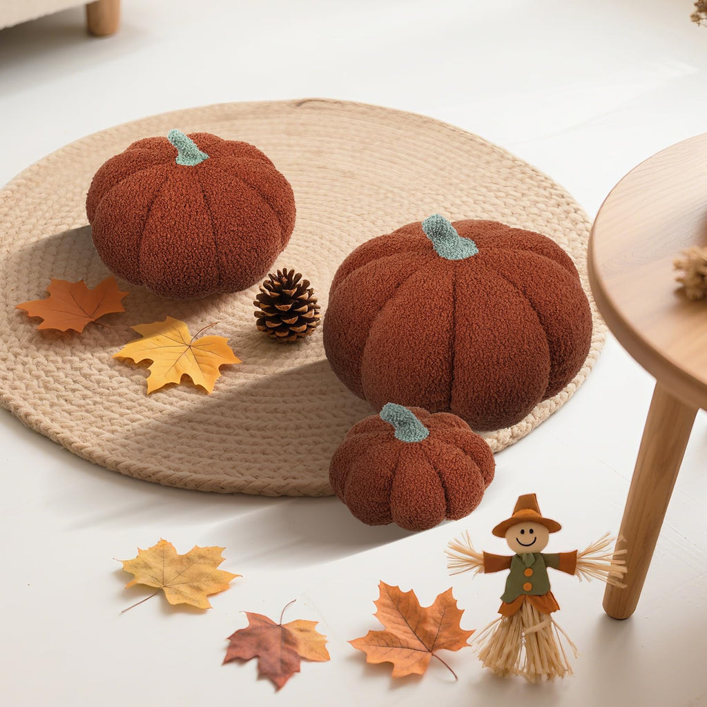 RoseCraft Pumpkin Throw Pillows 3Pc Brown 12/10/8in Fall Thanksgiving