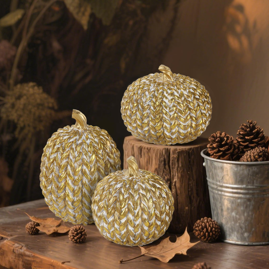 winemana Fall Decorations Set of 3 Gold White Resin Pumpkins Woven Design