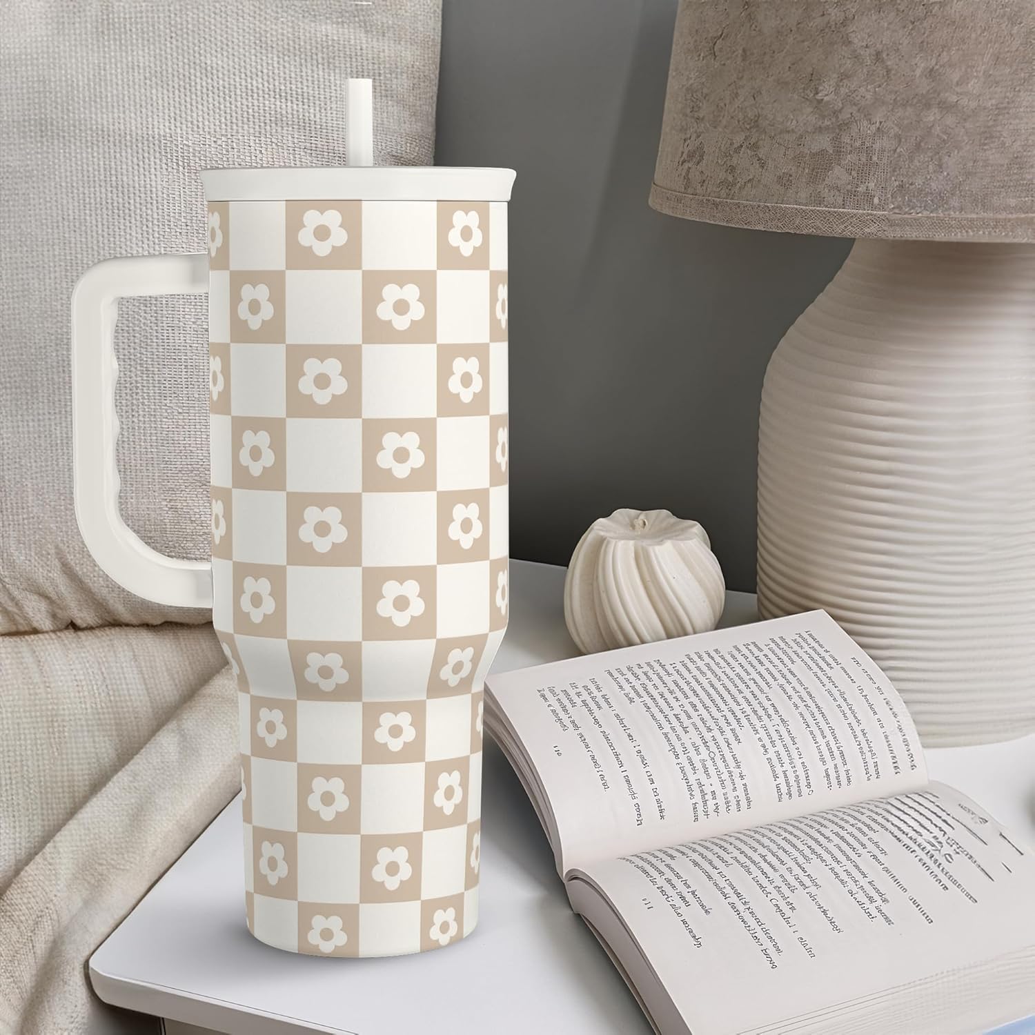 Brown Checker Daisy Slidemate | Slider Tumbler with Handle 40oz