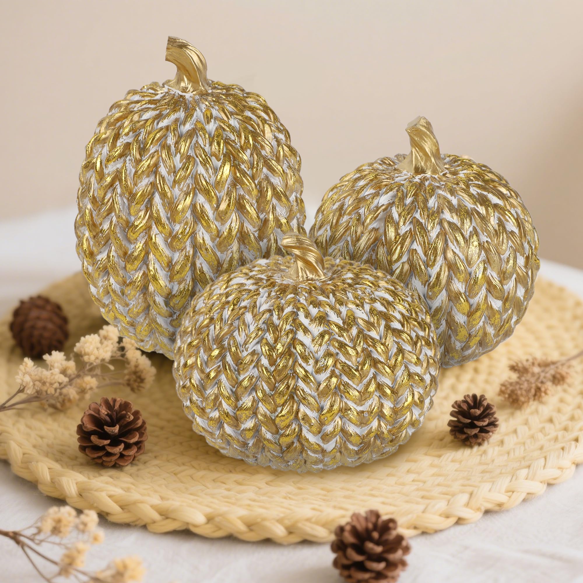 winemana Fall Decorations Set of 3 Gold White Resin Pumpkins Woven Design