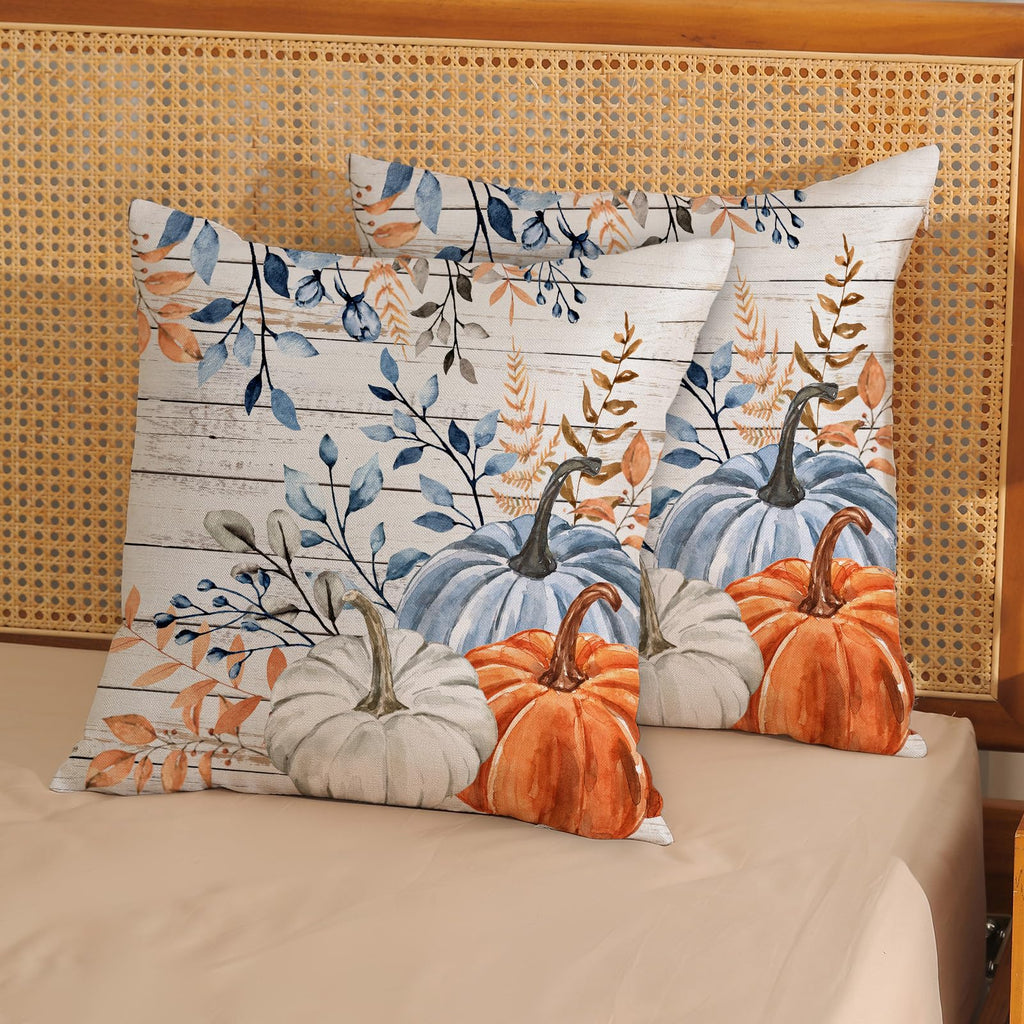 Yxuiyal Fall Pillow Covers 18x18 Set of 2 Blue Orange Pumpkin Leaves