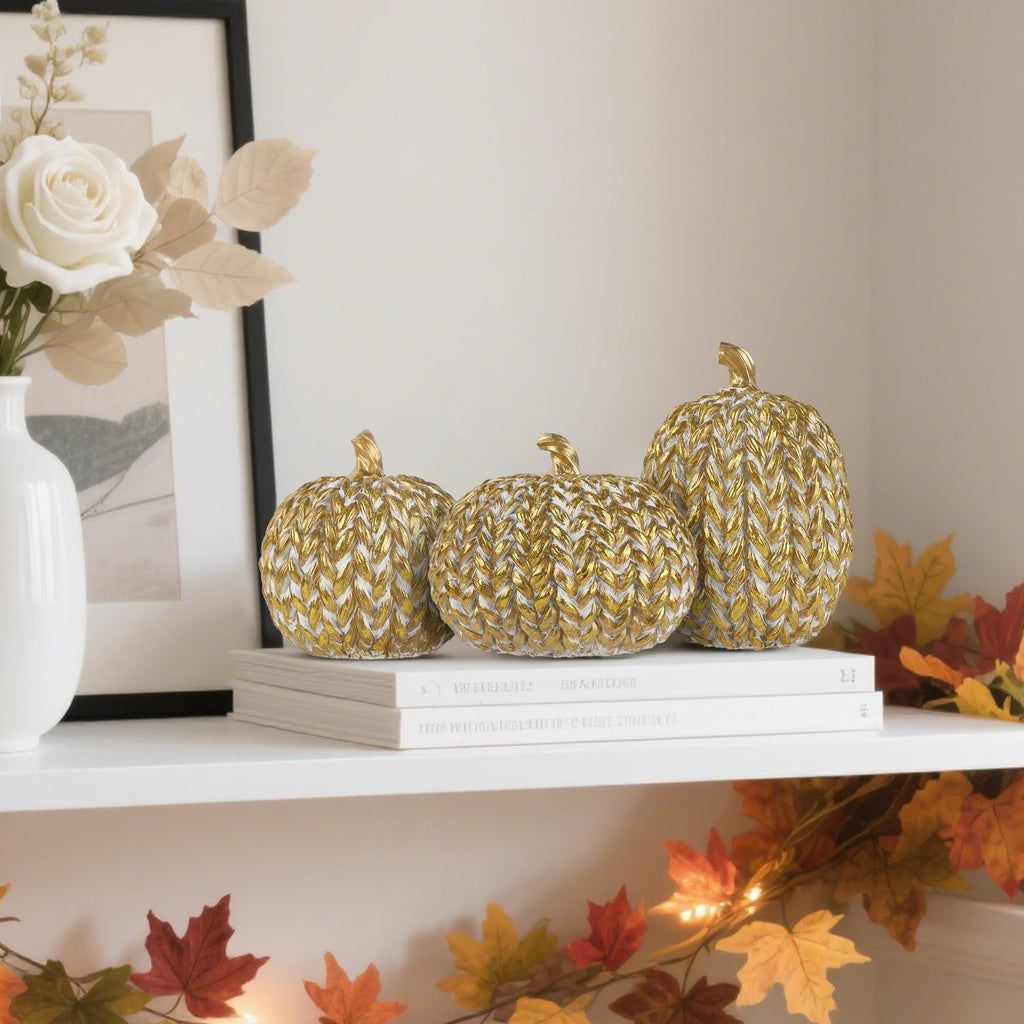 winemana Fall Decorations Set of 3 Gold White Resin Pumpkins Woven Design