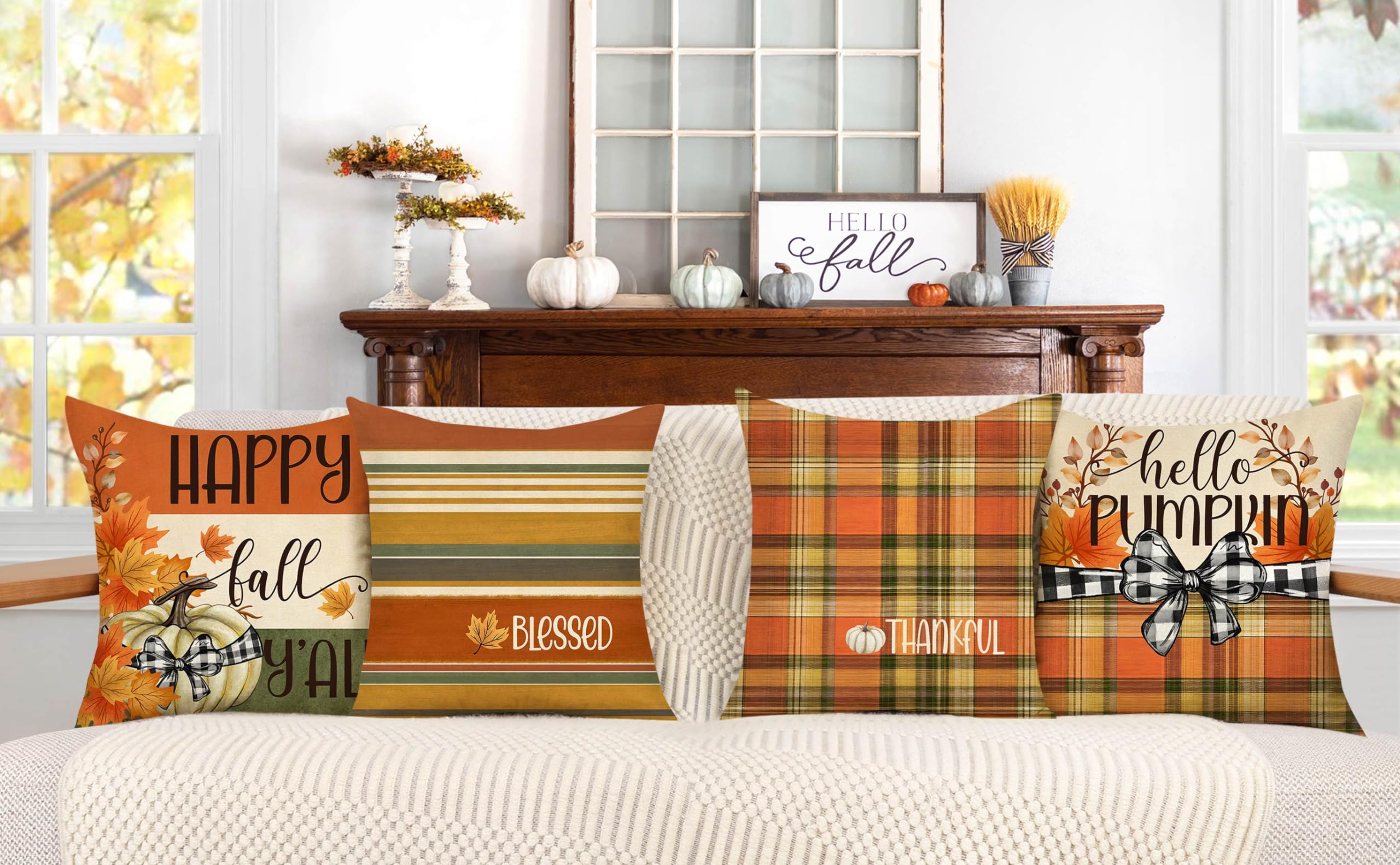4TH Emotion Fall Pillow Covers 18x18 White Pumpkin Check Set of 4