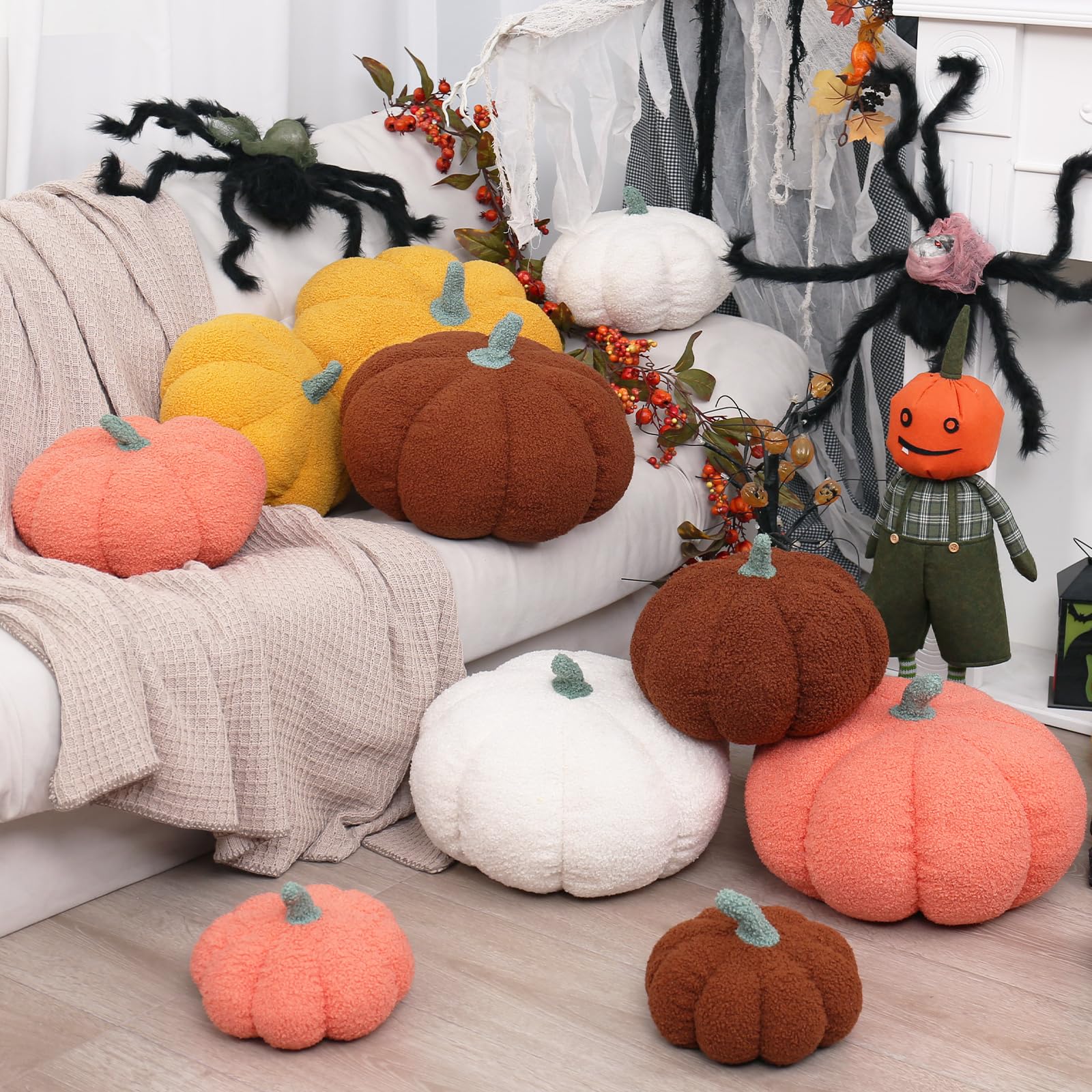 RoseCraft Pumpkin Throw Pillows 3Pc Brown 12/10/8in Fall Thanksgiving