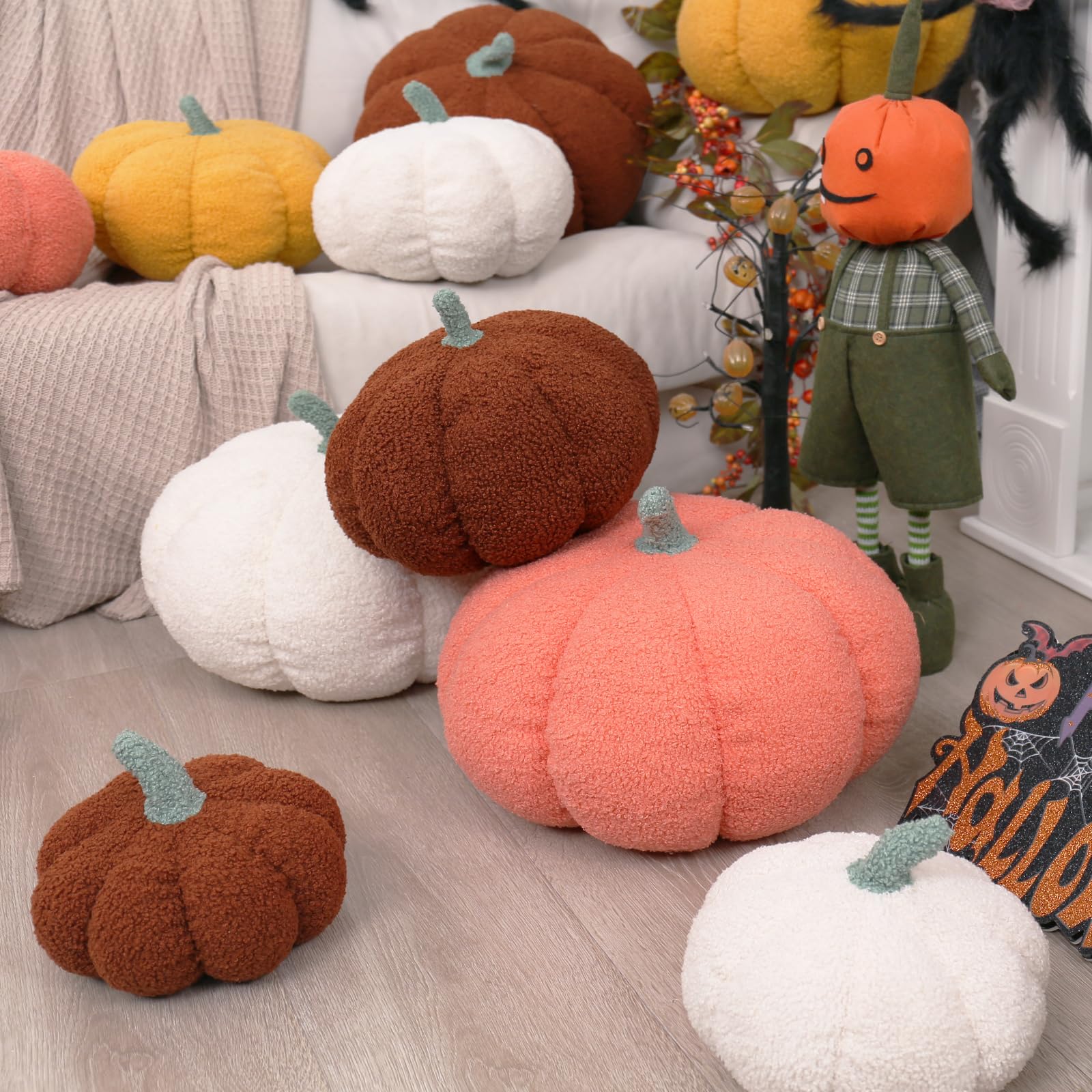 RoseCraft Pumpkin Throw Pillows 3Pc Brown 12/10/8in Fall Thanksgiving