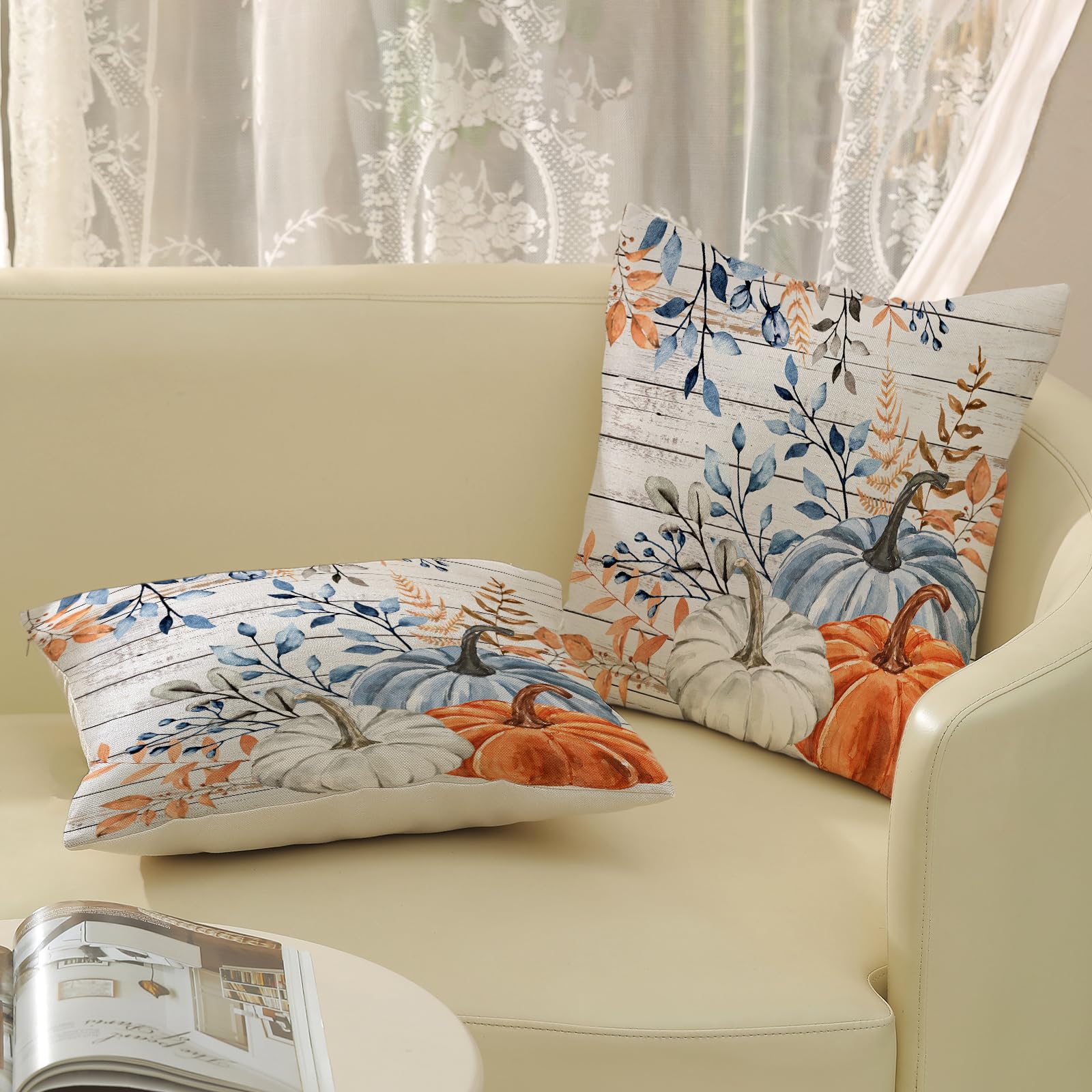 Yxuiyal Fall Pillow Covers 18x18 Set of 2 Blue Orange Pumpkin Leaves