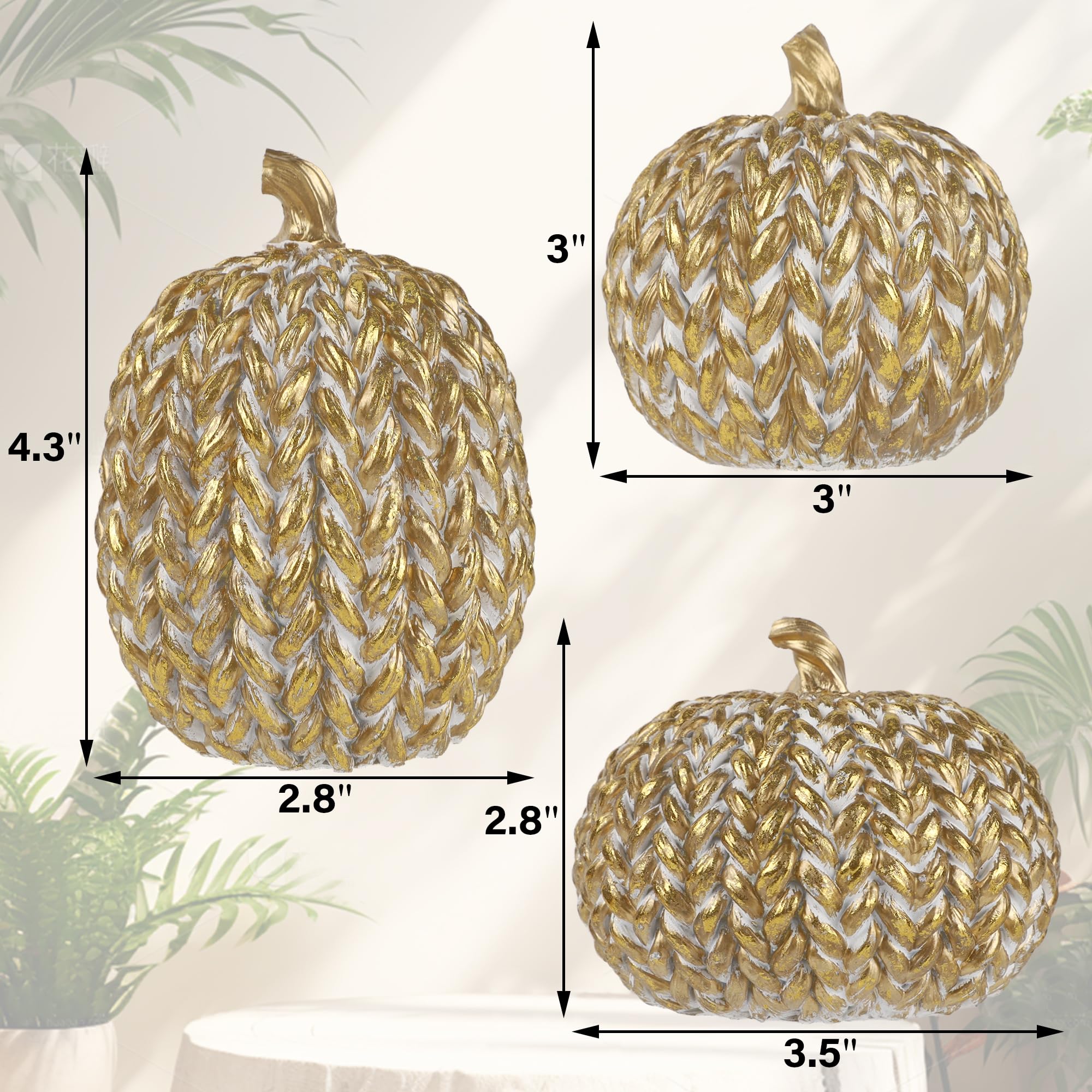 winemana Fall Decorations Set of 3 Gold White Resin Pumpkins Woven Design