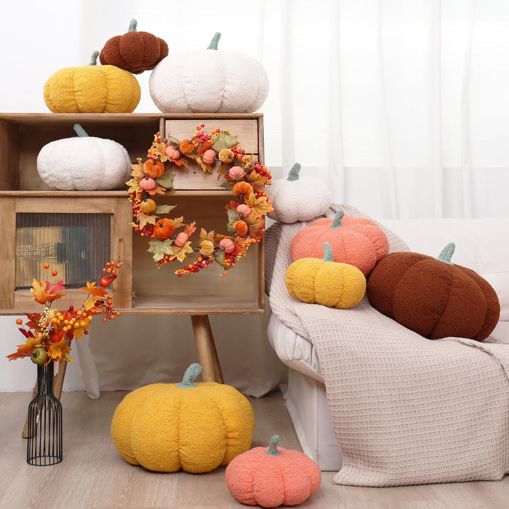 RoseCraft Pumpkin Throw Pillows 3Pc Brown 12/10/8in Fall Thanksgiving