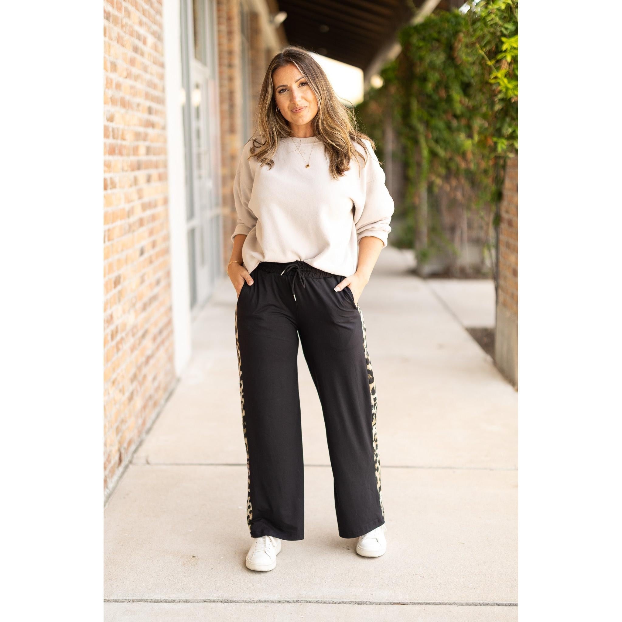 Chelsea - Black Wide Leg with Leopard Panel Loungers