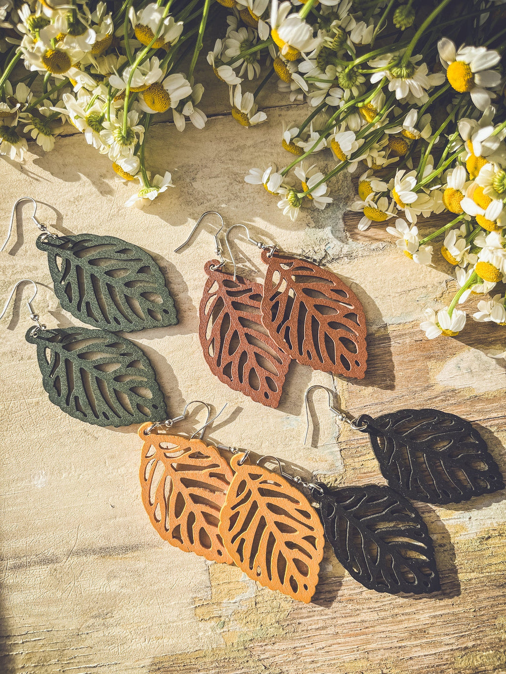 Set of Four Beautiful Wood Leaf Earrings