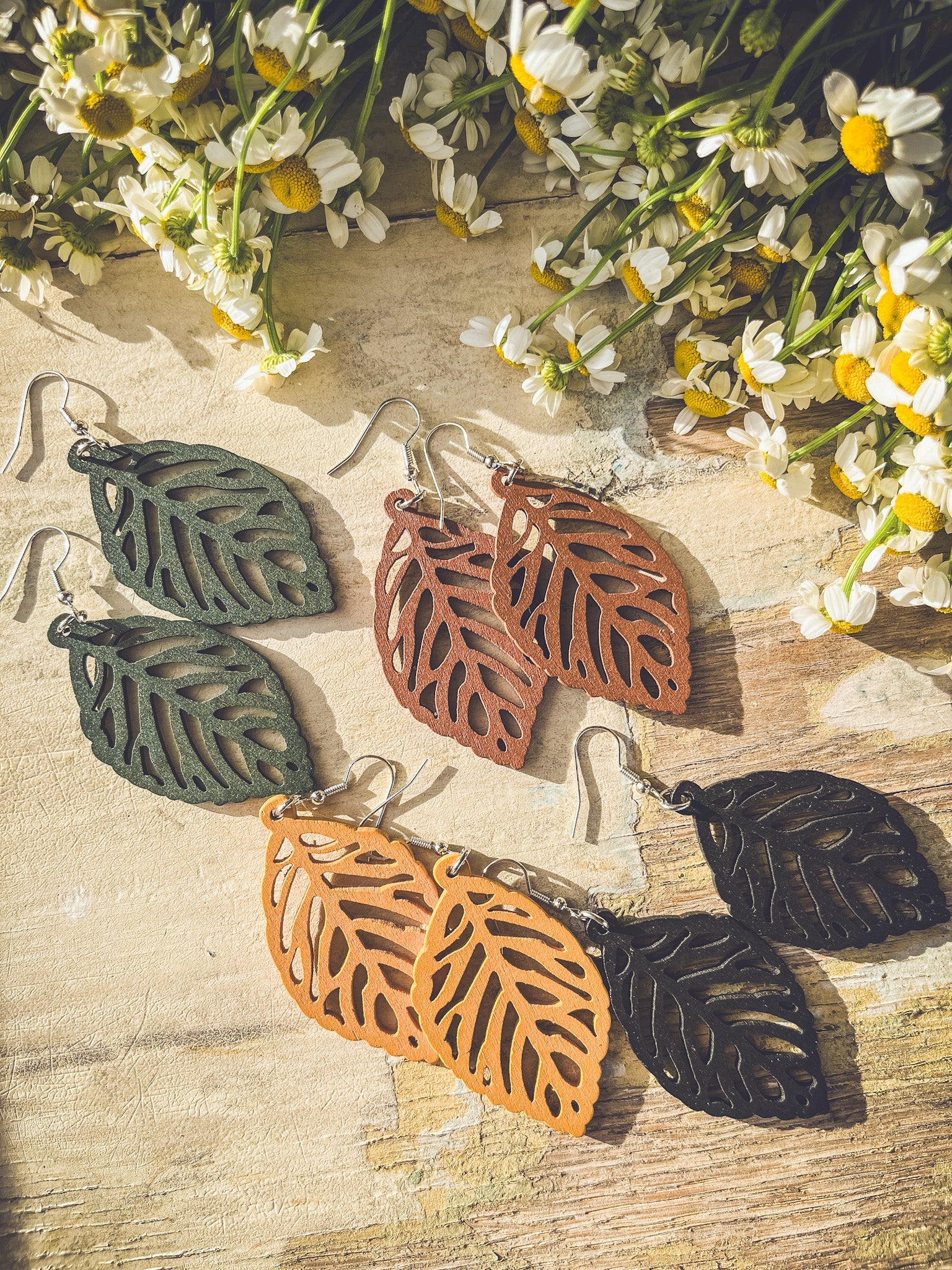 Set of Four Beautiful Wood Leaf Earrings
