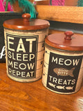 Eat Sleep Meow Repeat Cat Treat Canister Set – Rustic Farmhouse Pet Storage Decor