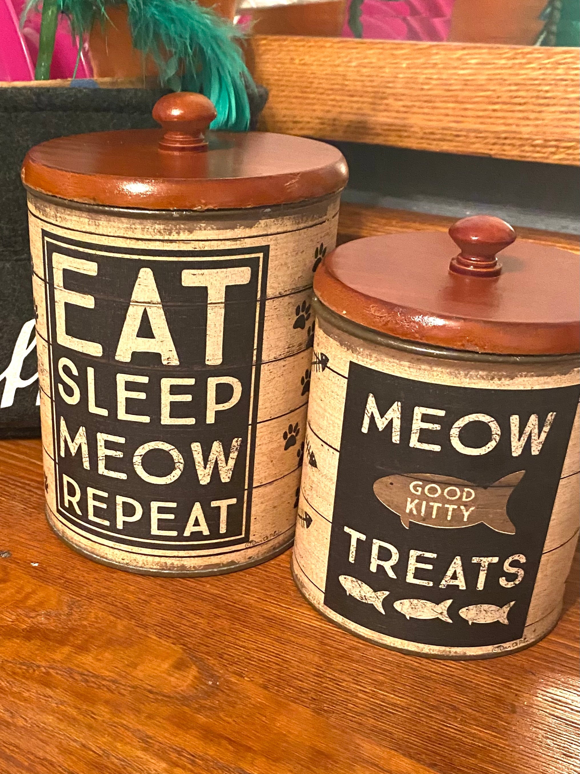 Eat Sleep Meow Repeat Cat Treat Canister Set – Rustic Farmhouse Pet Storage Decor