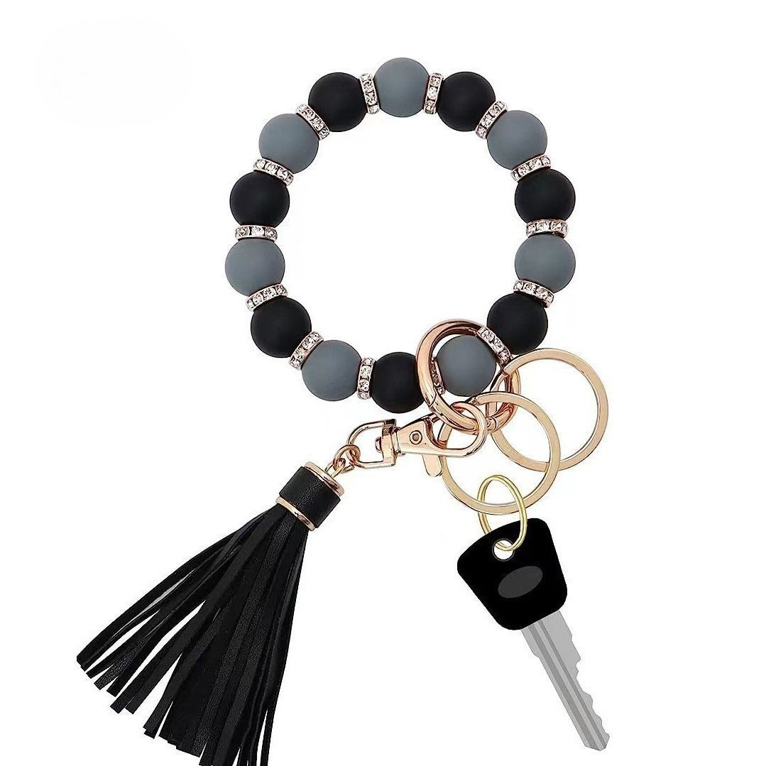 PU Tassel Keychain Bag charm Silicone Beaded Keychain Wristlet Key Ring Bracelet Cute Car Key Chain Holder for Women Girls