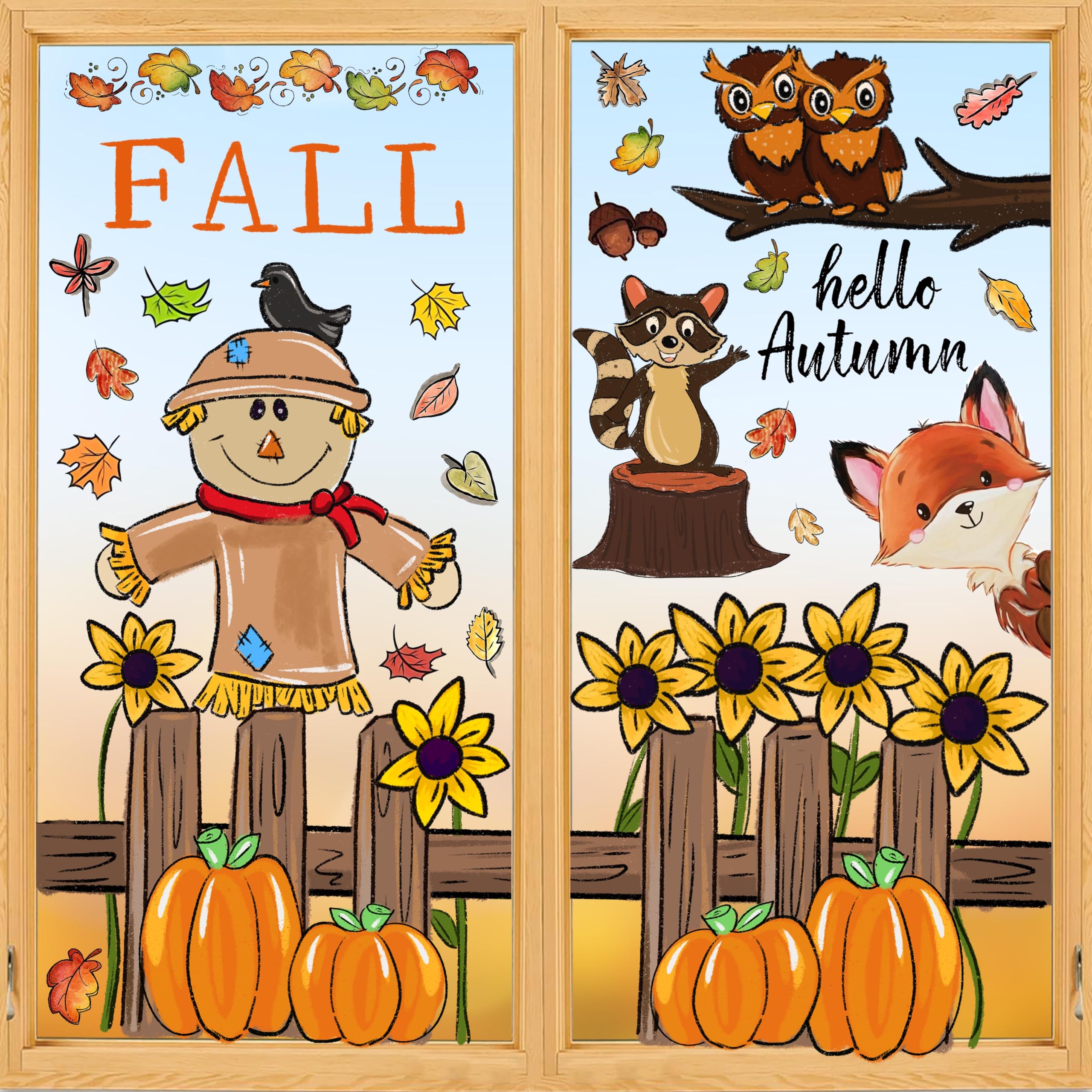 OWUH Fall Window Clings 6 Sheets Pumpkin Maple Leaves Scarecrow Brown