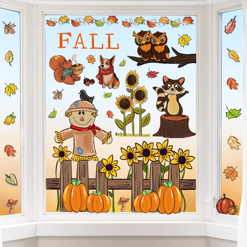 OWUH Fall Window Clings 6 Sheets Pumpkin Maple Leaves Scarecrow Brown