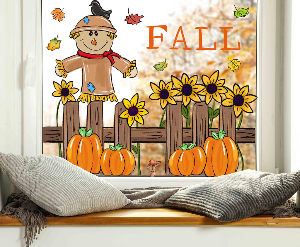 OWUH Fall Window Clings 6 Sheets Pumpkin Maple Leaves Scarecrow Brown