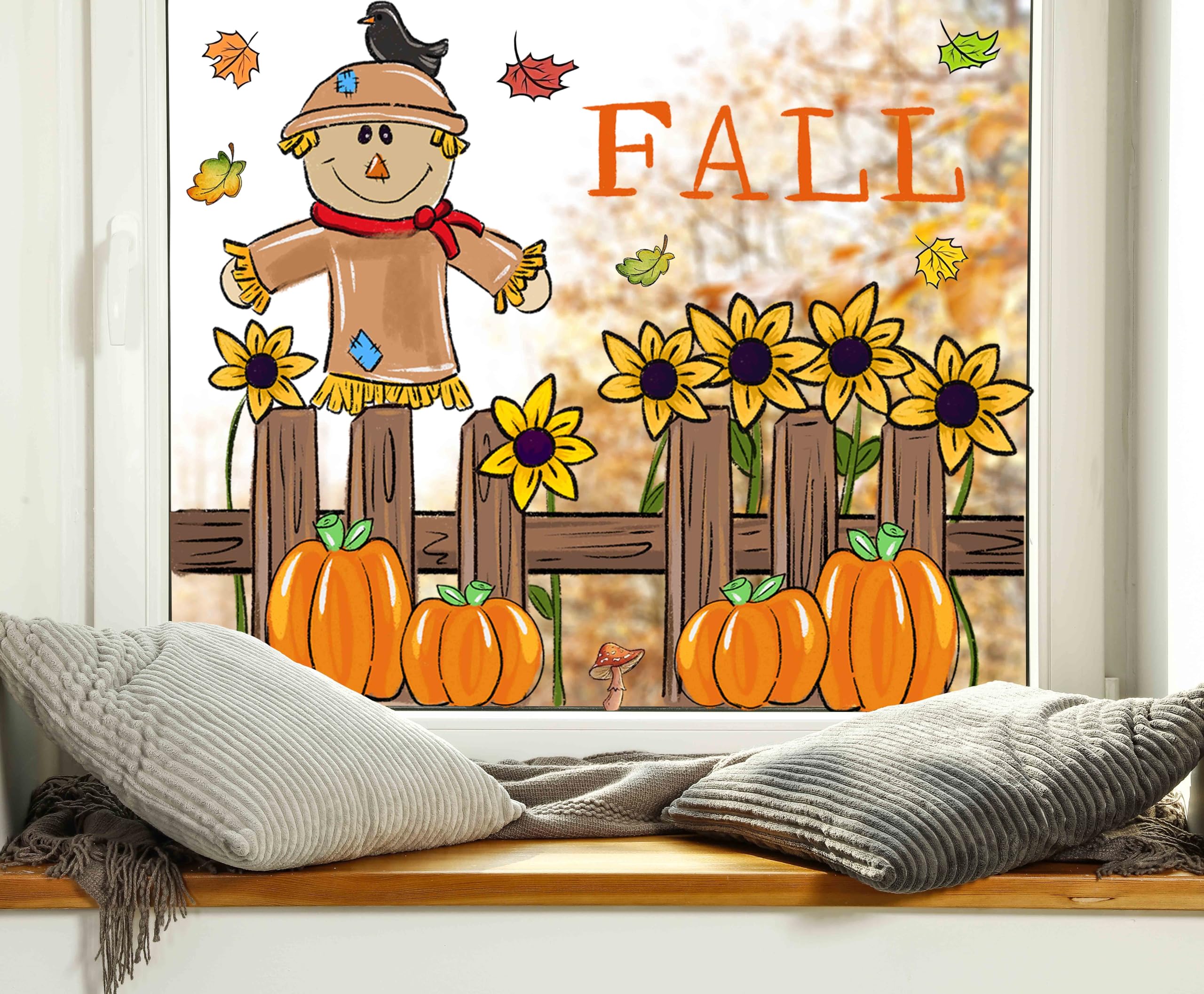 OWUH Fall Window Clings 6 Sheets Pumpkin Maple Leaves Scarecrow Brown